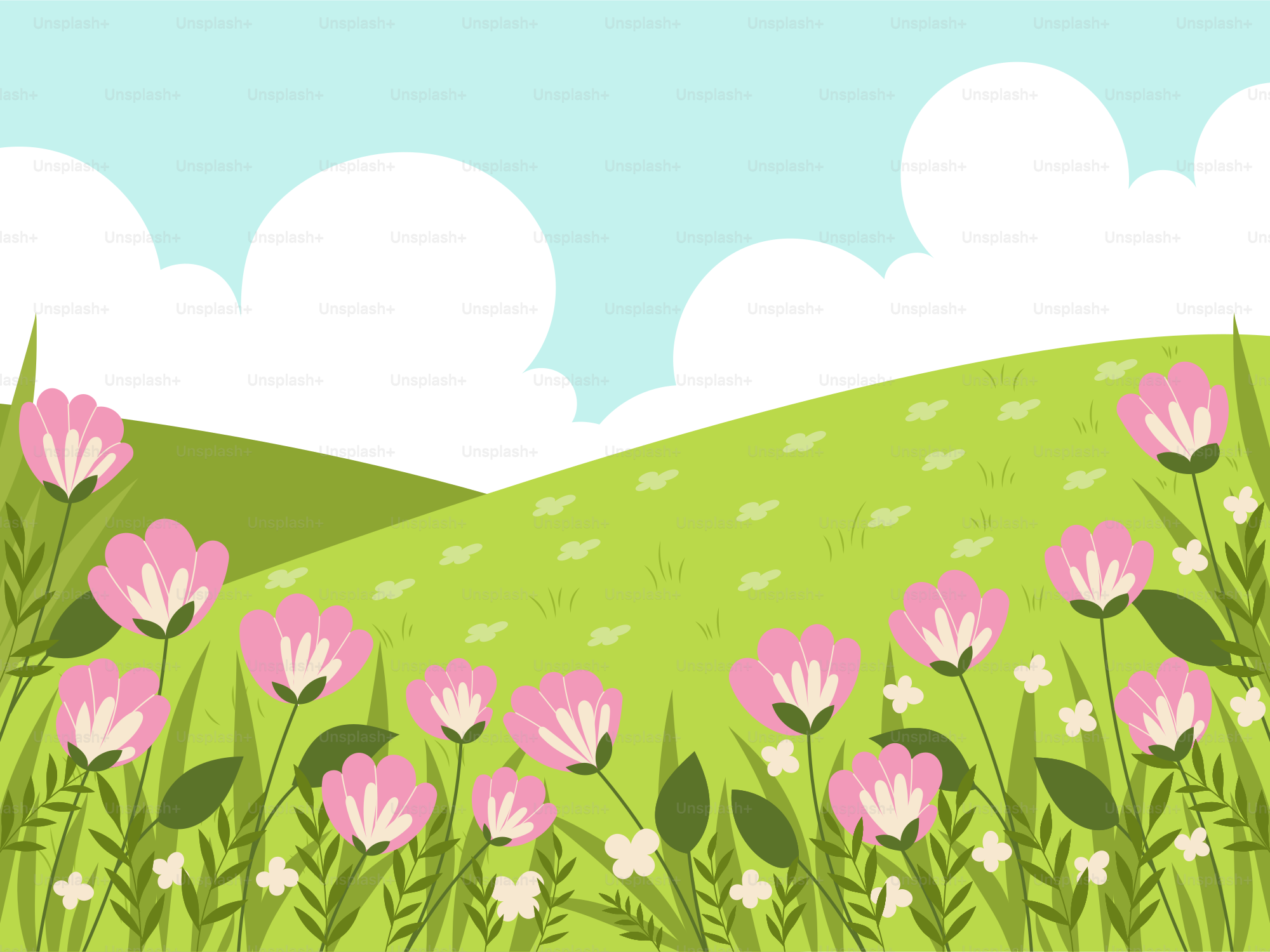 A field with pink flowers and green grass