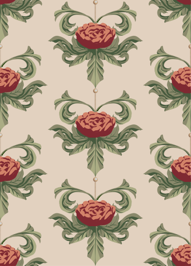 A red flower on a beige background with green leaves