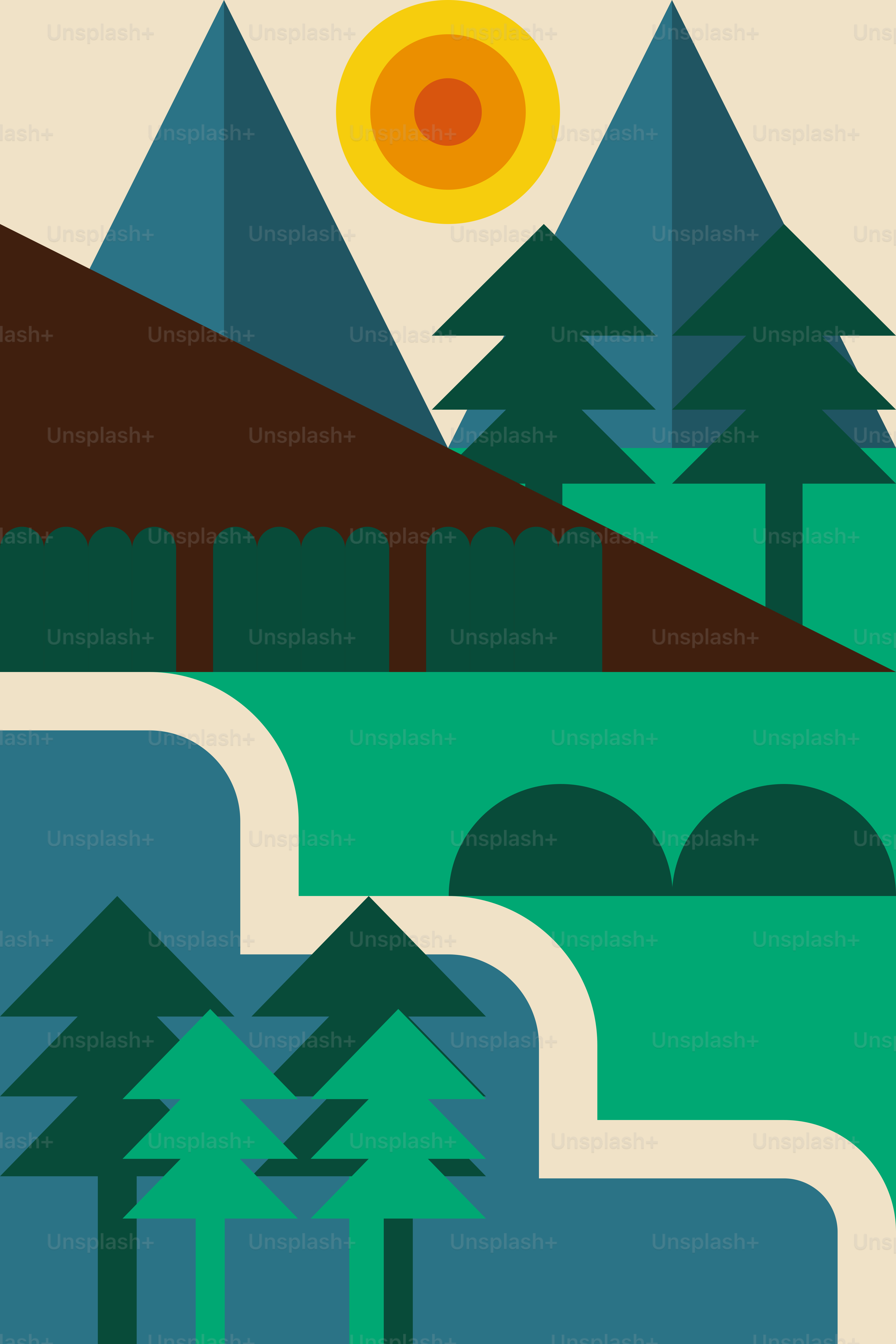 Une image d’un paysage avec des arbres et des montagnes