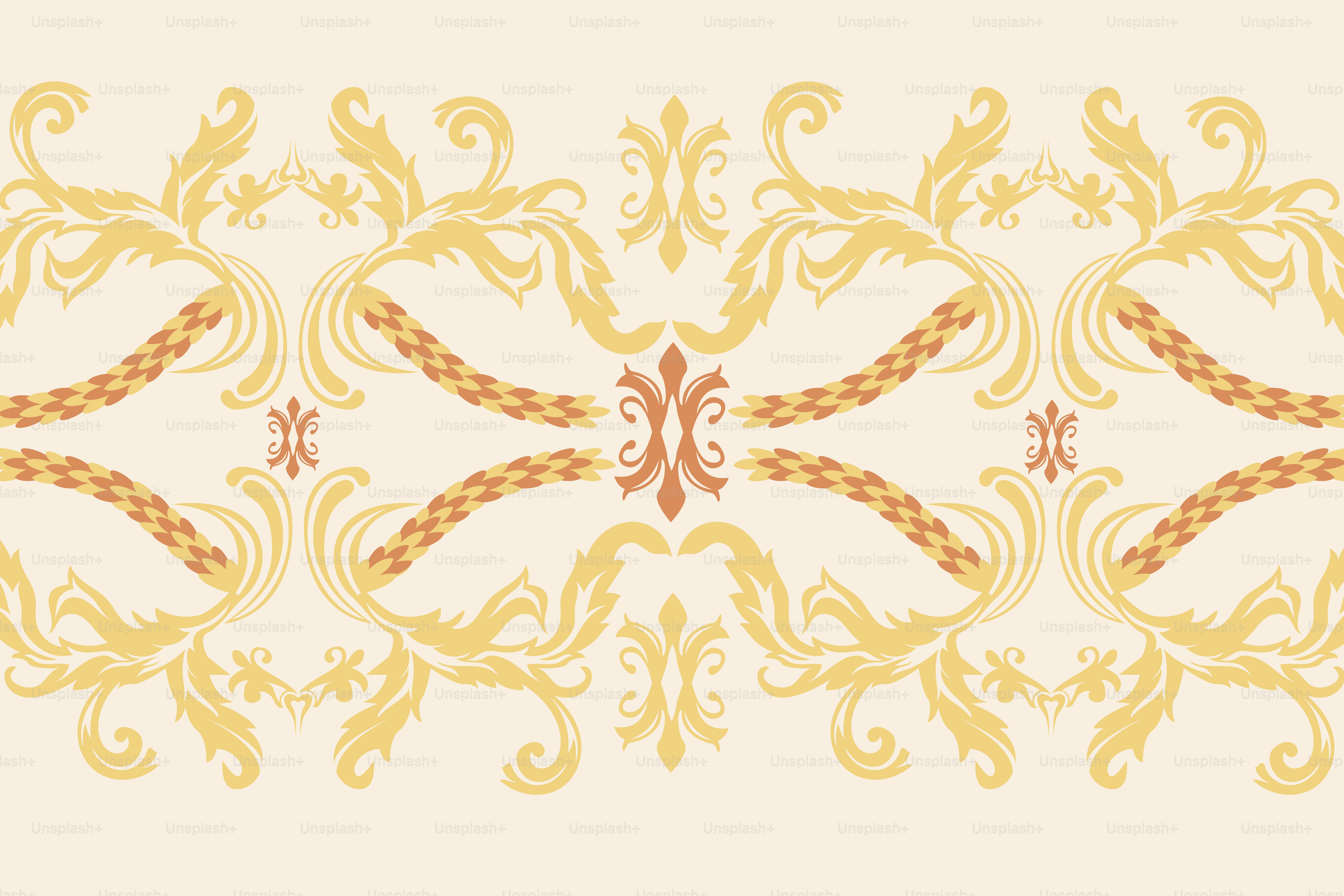A white and yellow wallpaper with a design on it