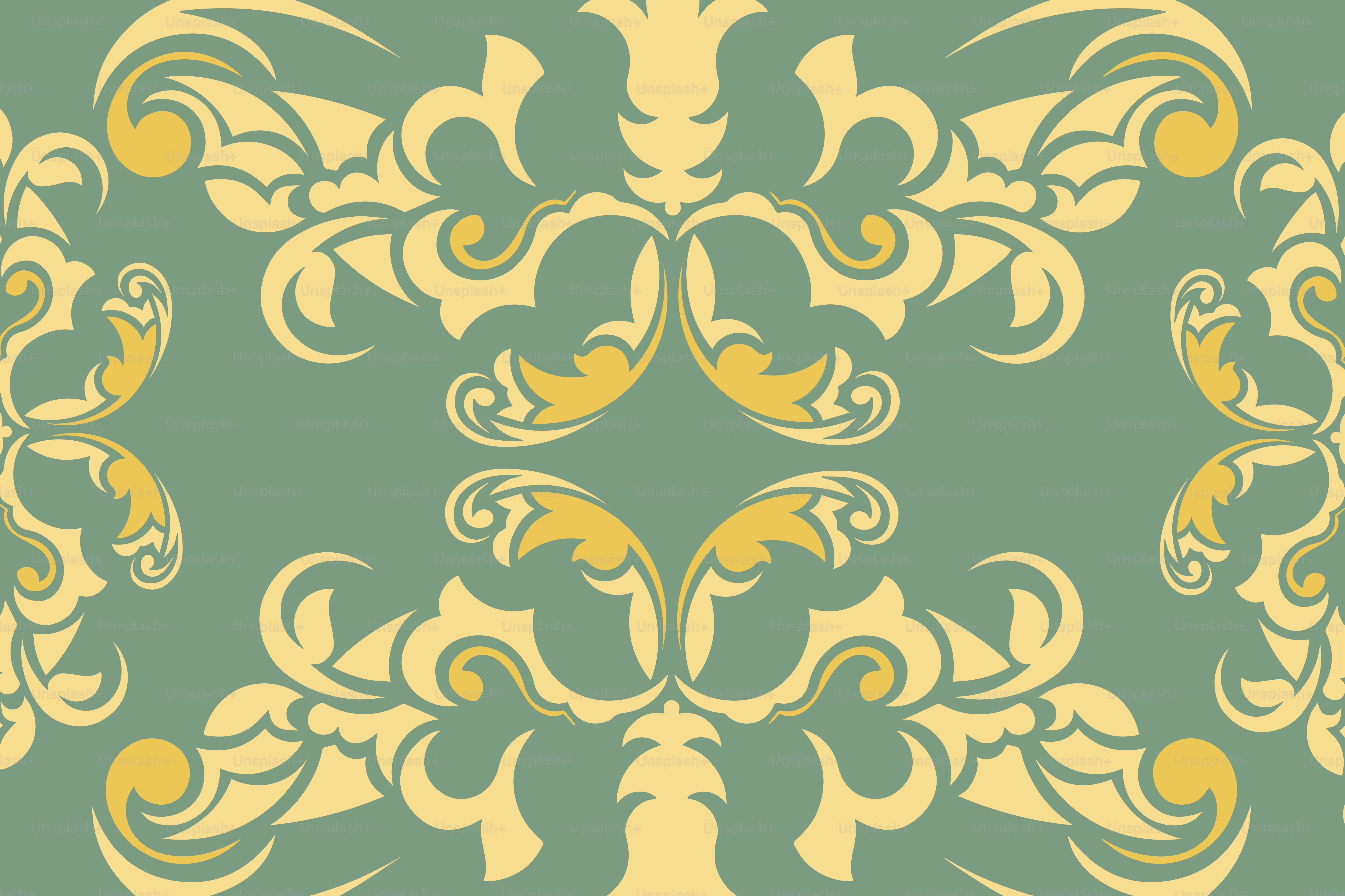 A green and yellow wallpaper with an ornate design