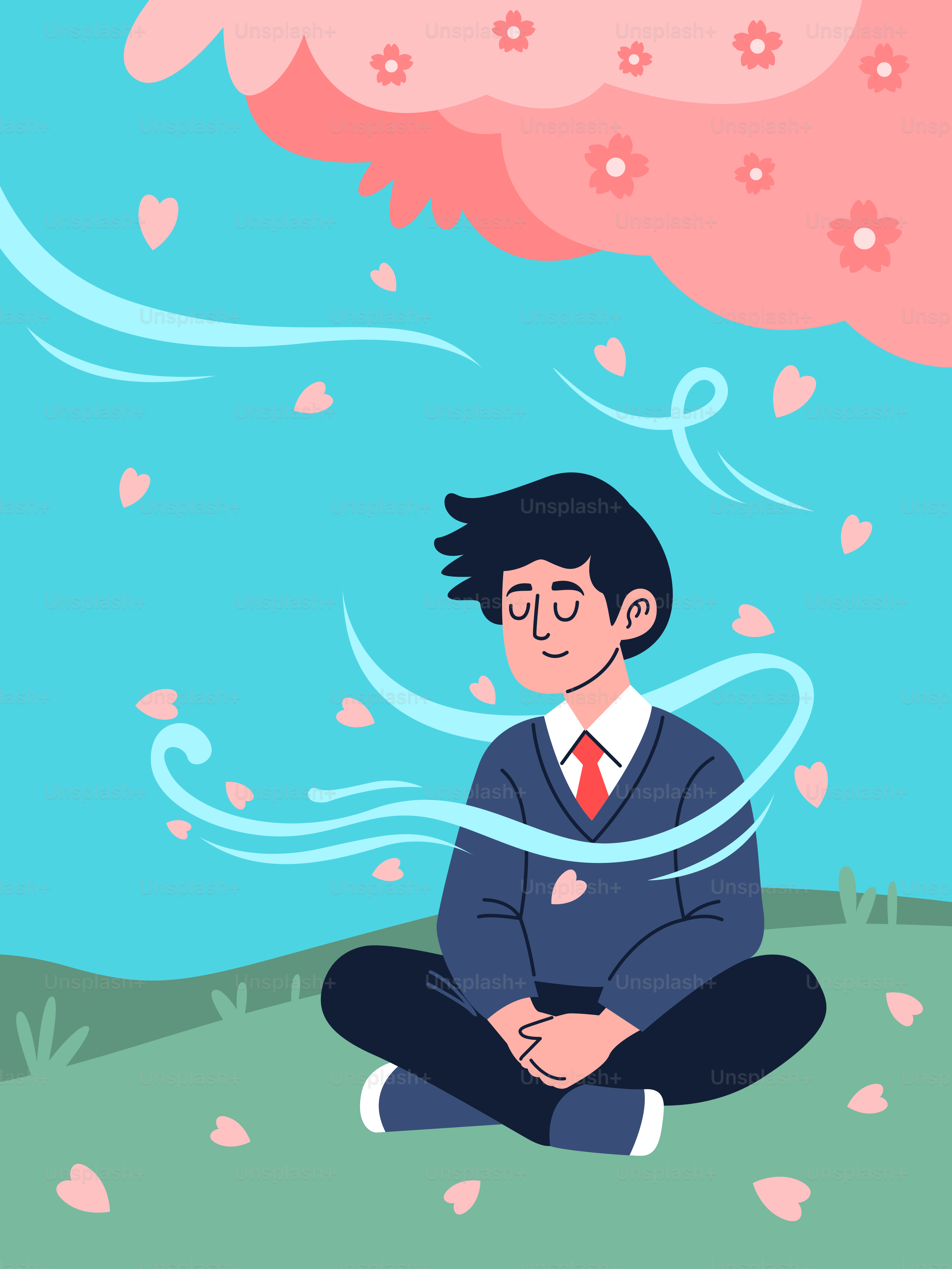 Ein Mann sitzt vor einer rosa Wolke auf dem Boden