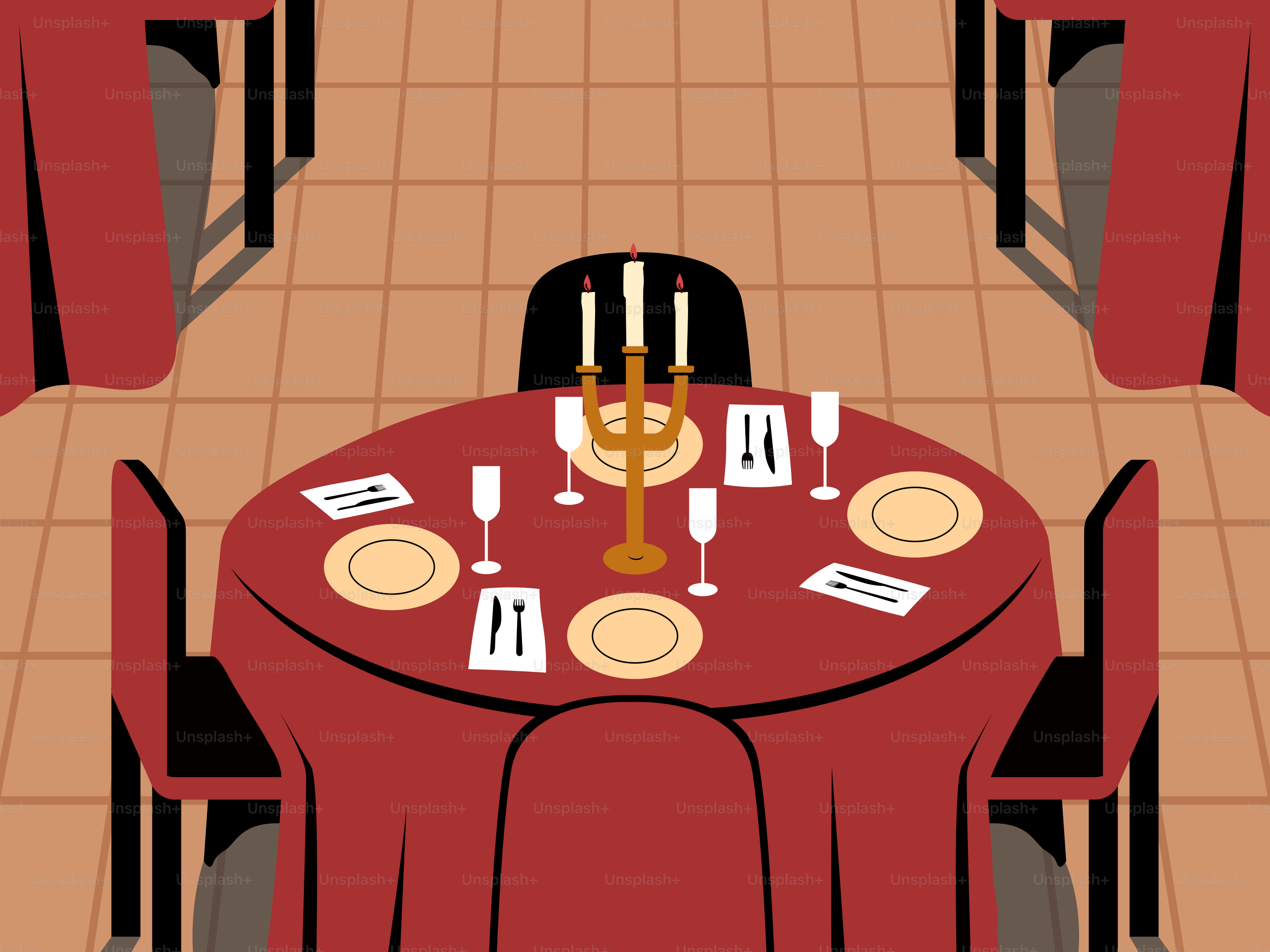 Ein Speisesaal mit rotem Tisch und Stühlen