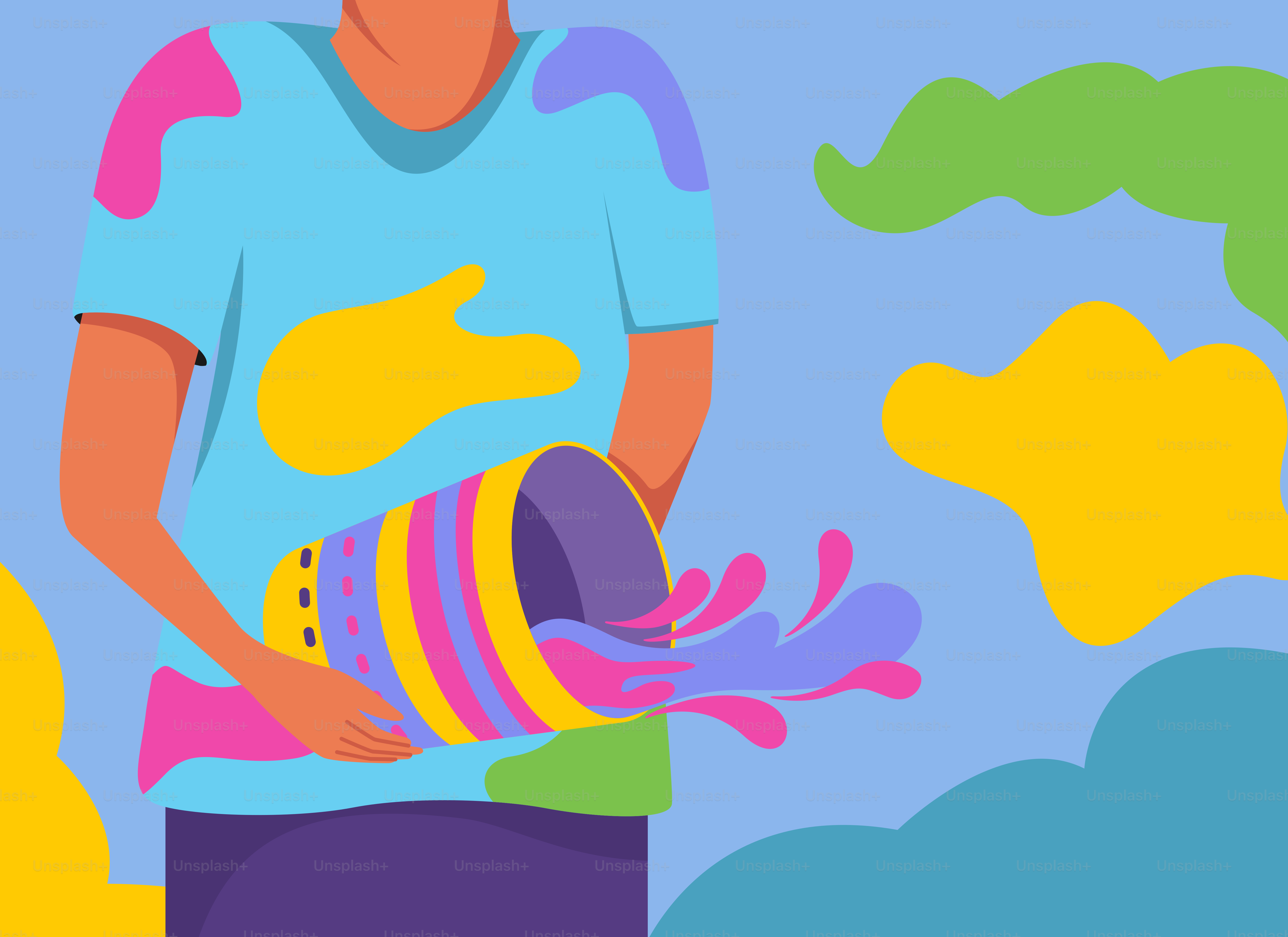 A man is holding a bucket of colorful paint