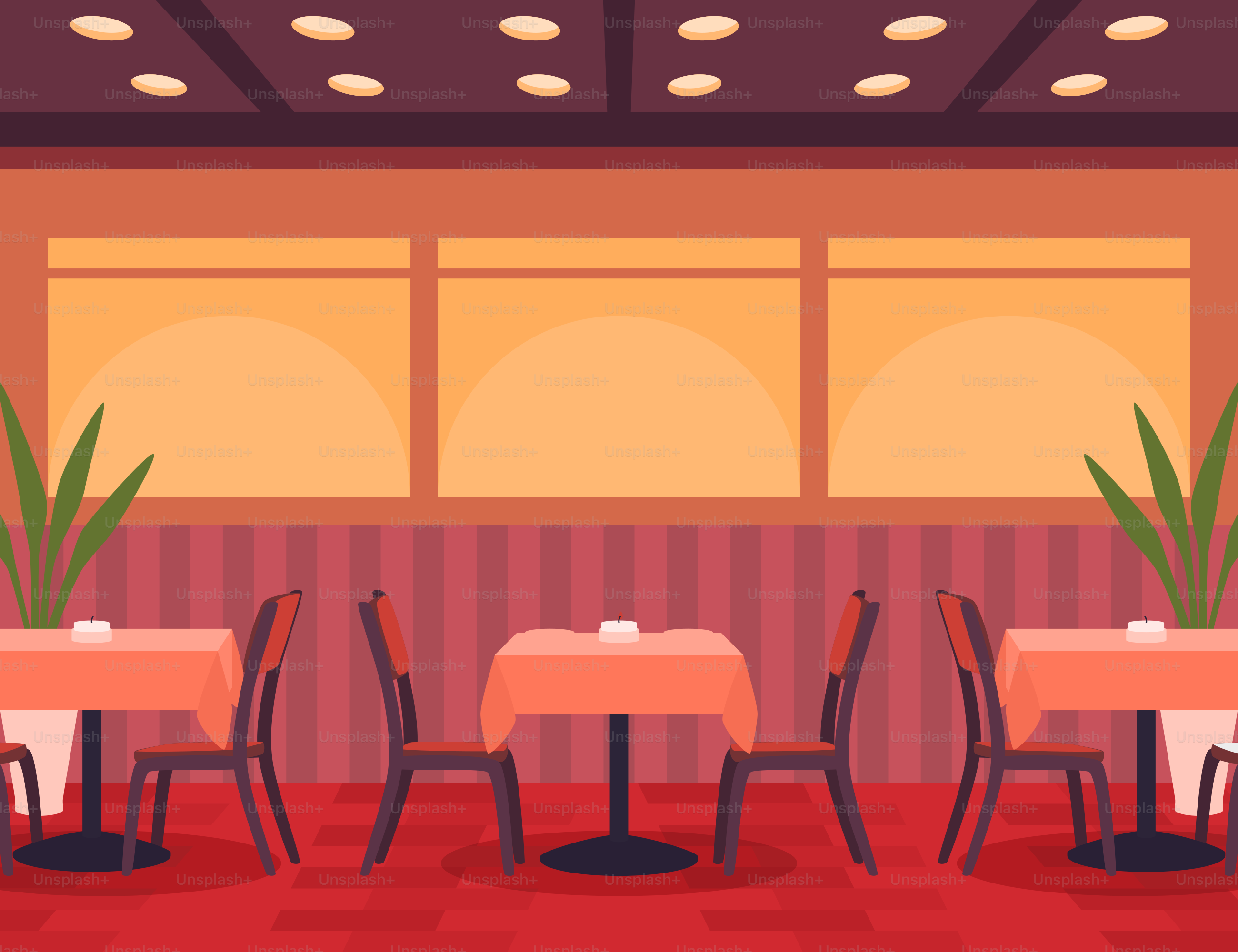 Un restaurante con mesas, sillas y una alfombra roja
