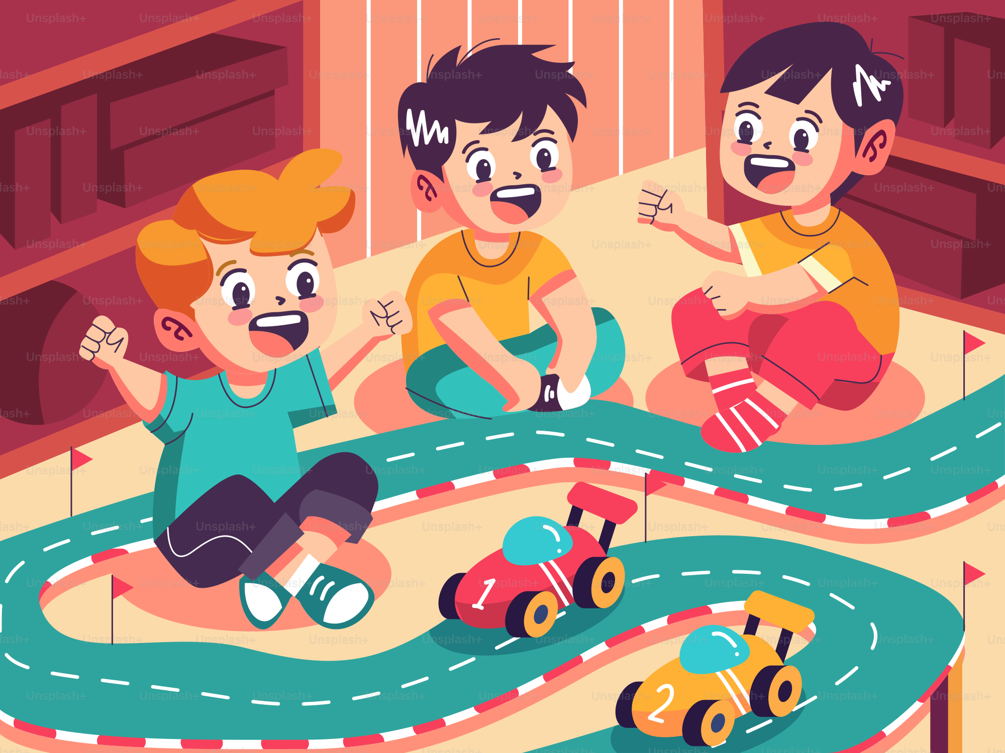 Eine Gruppe von Kindern, die auf einer Spielzeugbahn spielen