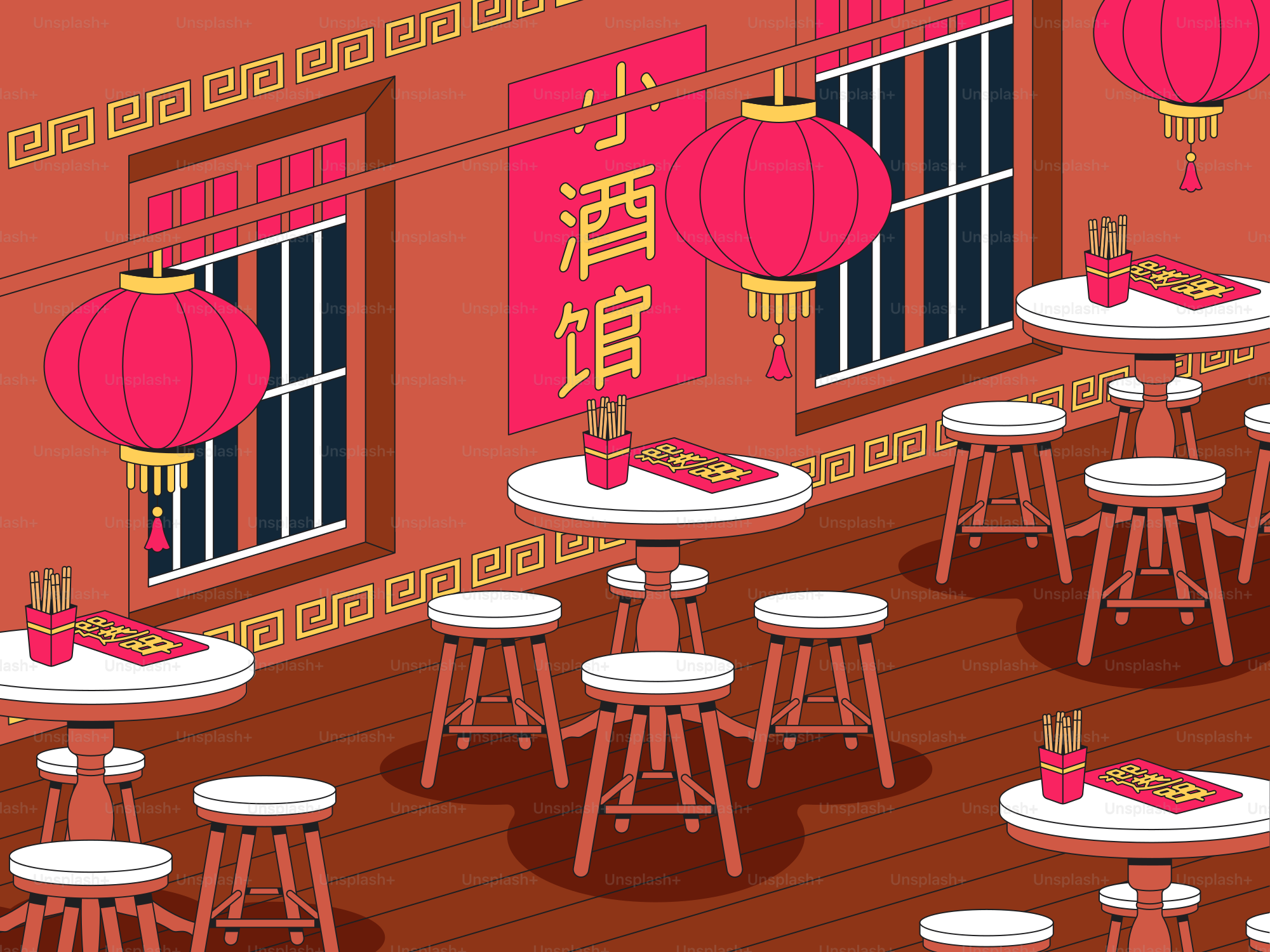 A chinese restaurant with tables and stools