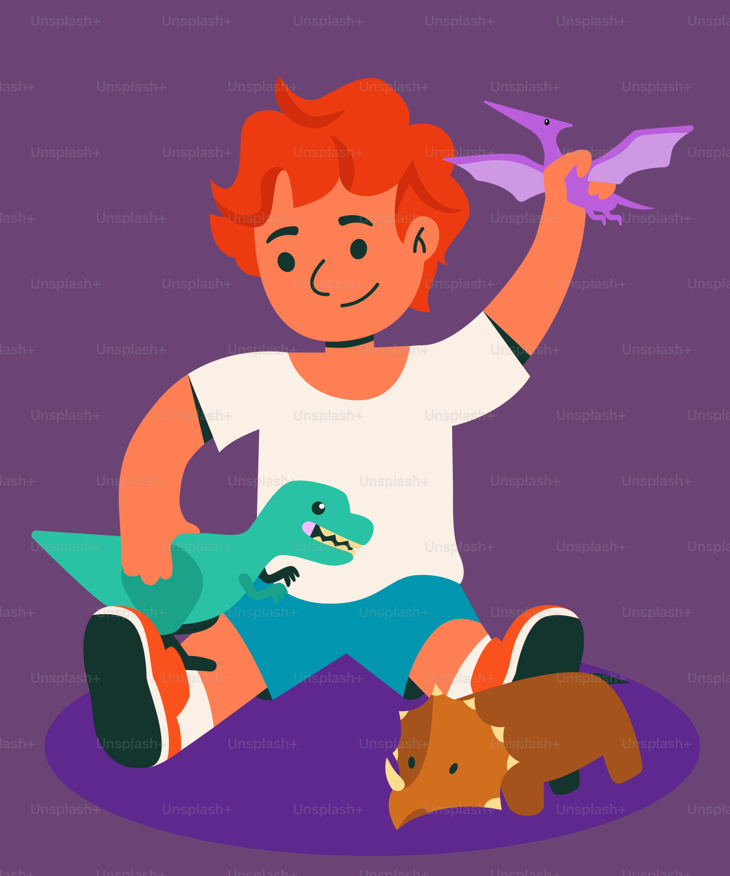 A boy sitting on the ground with a toy dinosaur and a bird