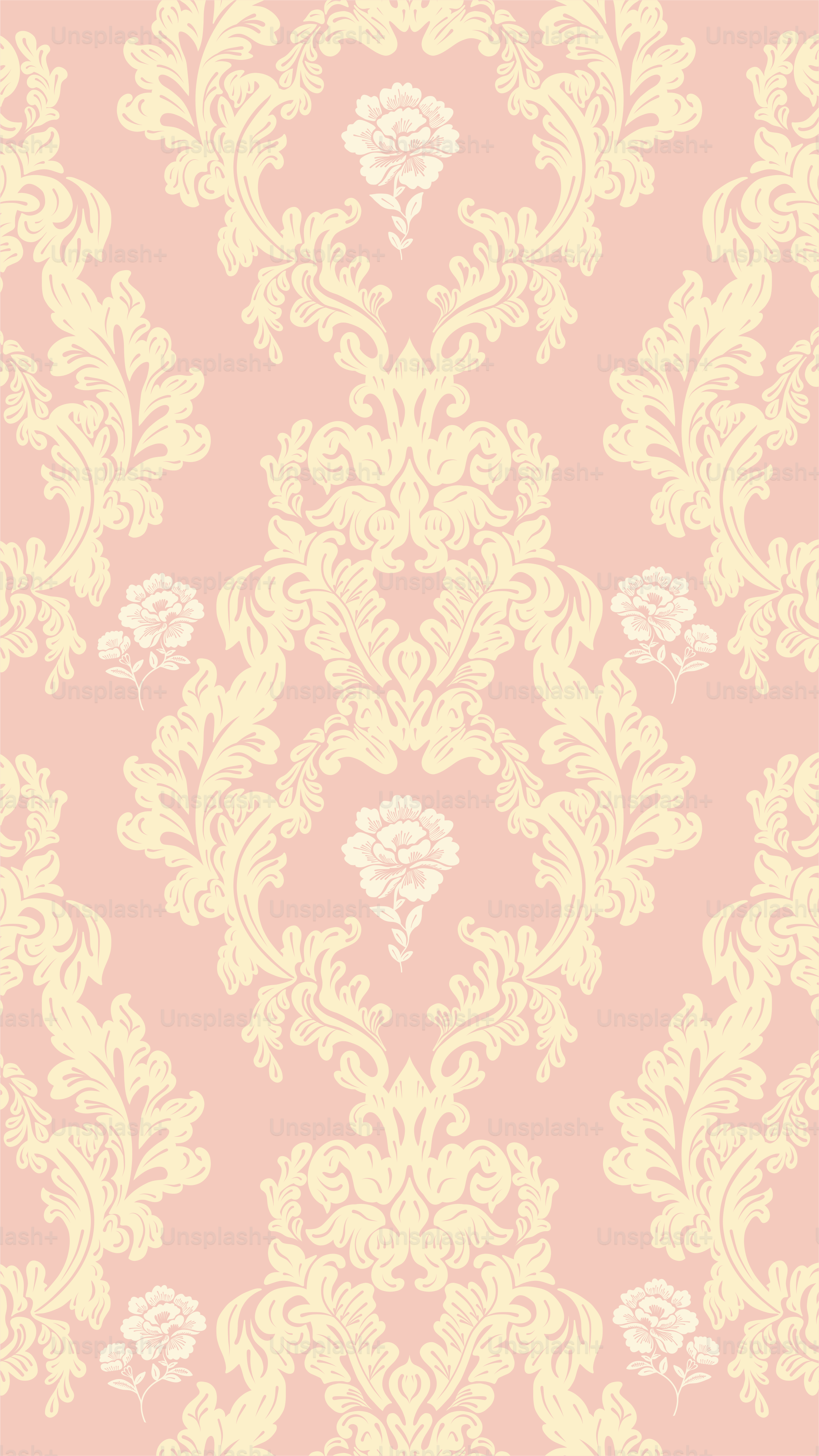 Um papel de parede rosa e amarelo com um desenho floral