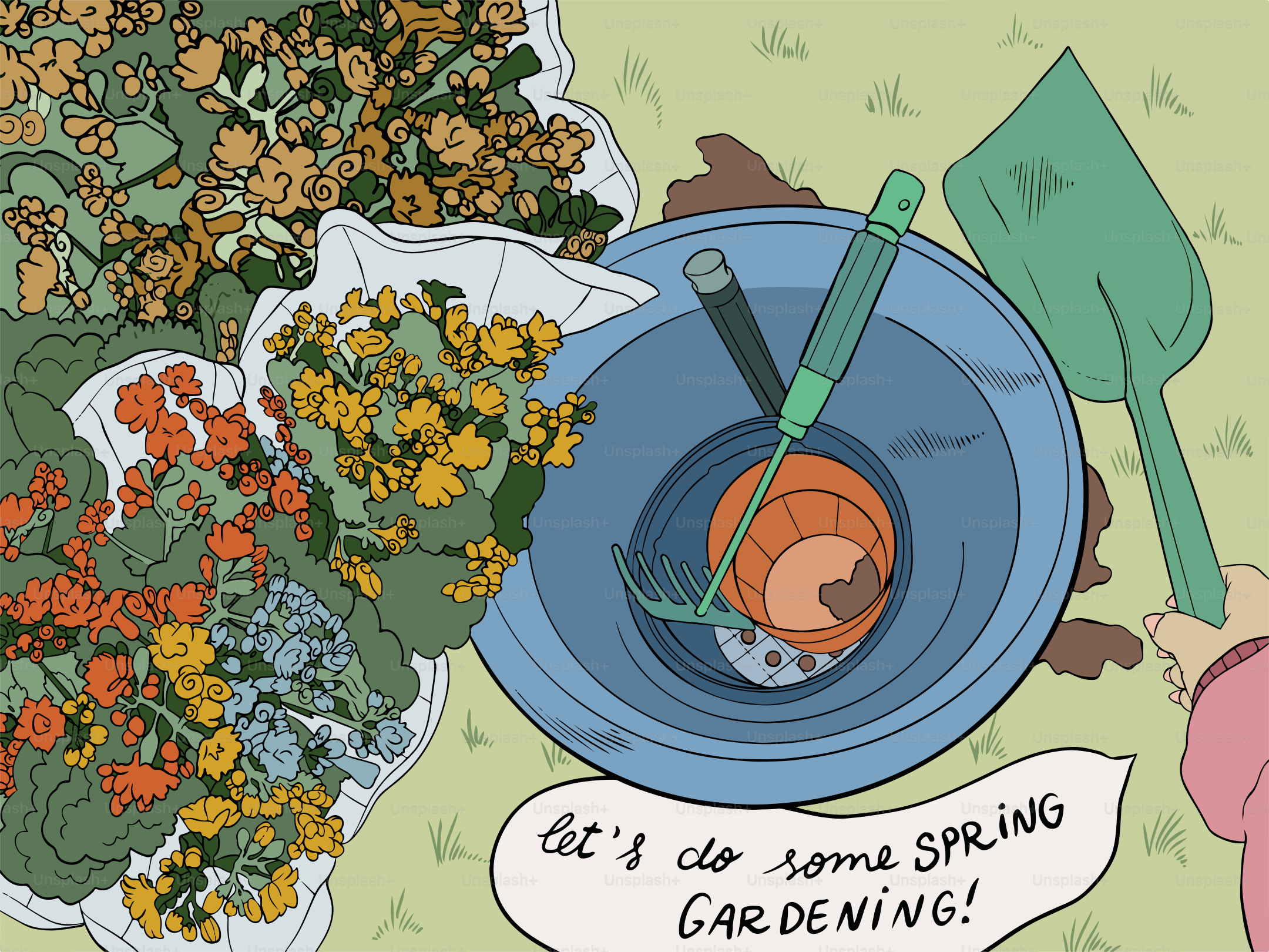 A cartoon picture of a bowl of flowers with a spoon in it