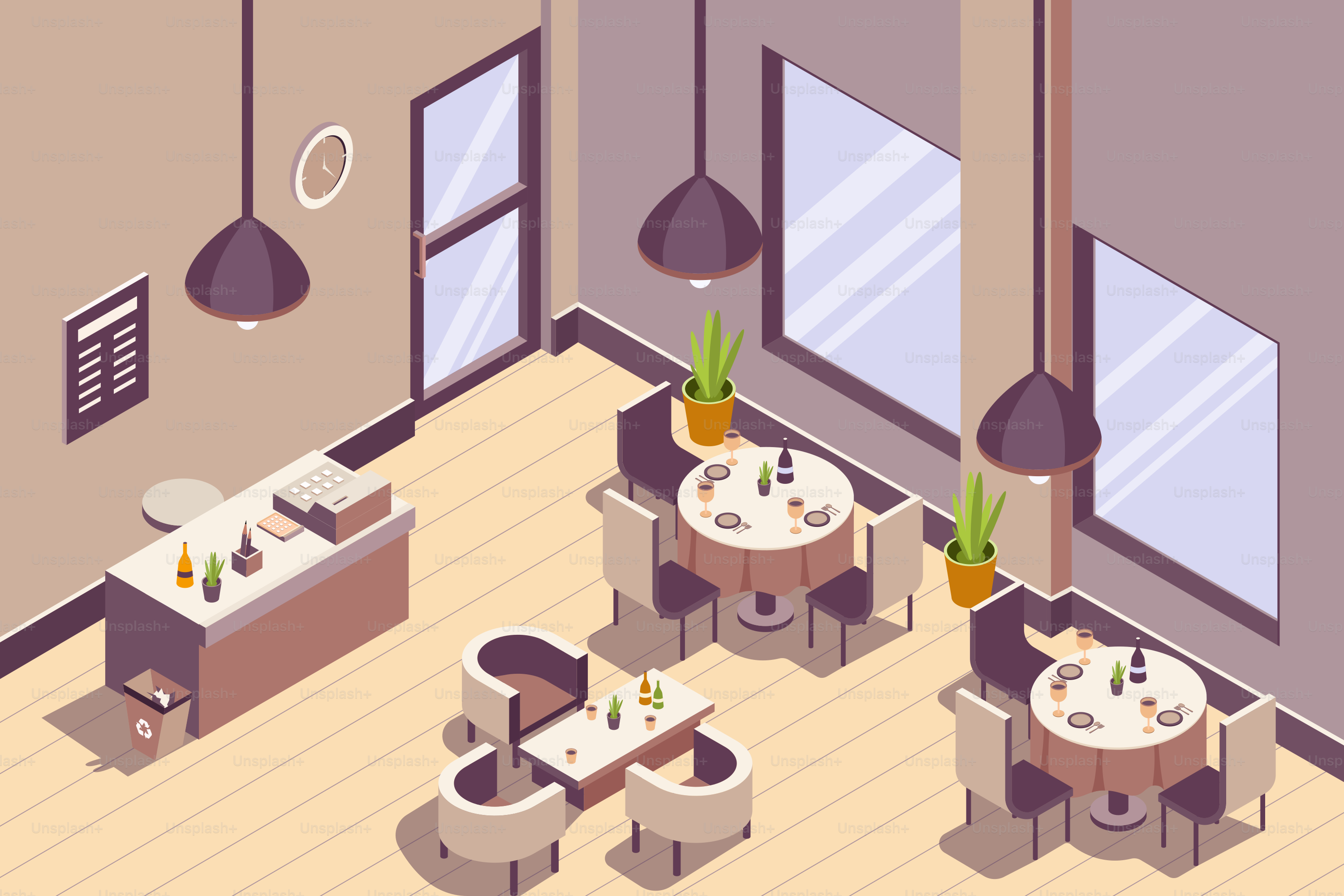 A room with tables, chairs, and a potted plant