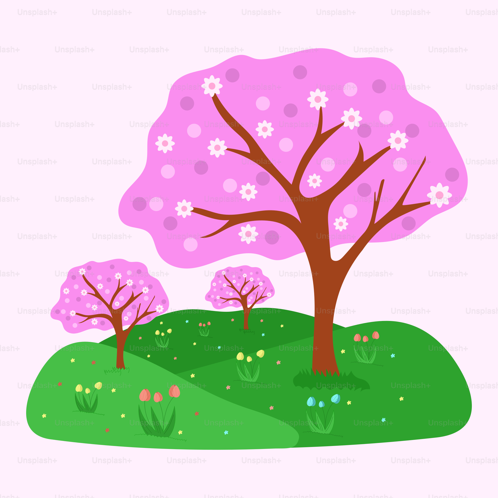 A pink tree with white flowers on a green hill