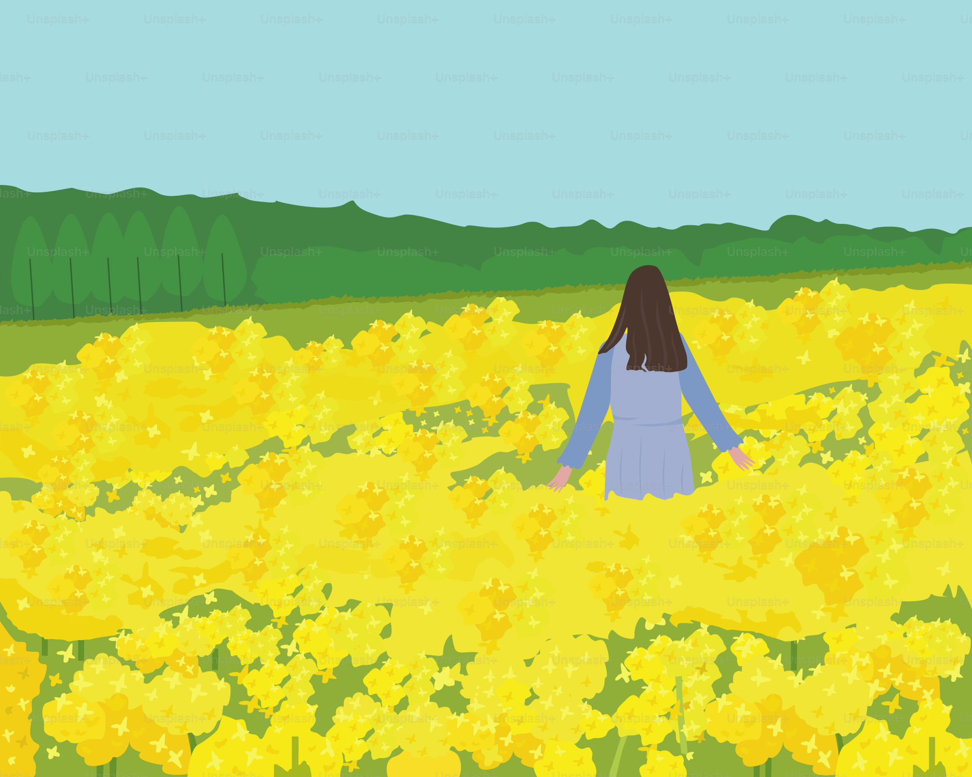 A woman standing in a field of yellow flowers