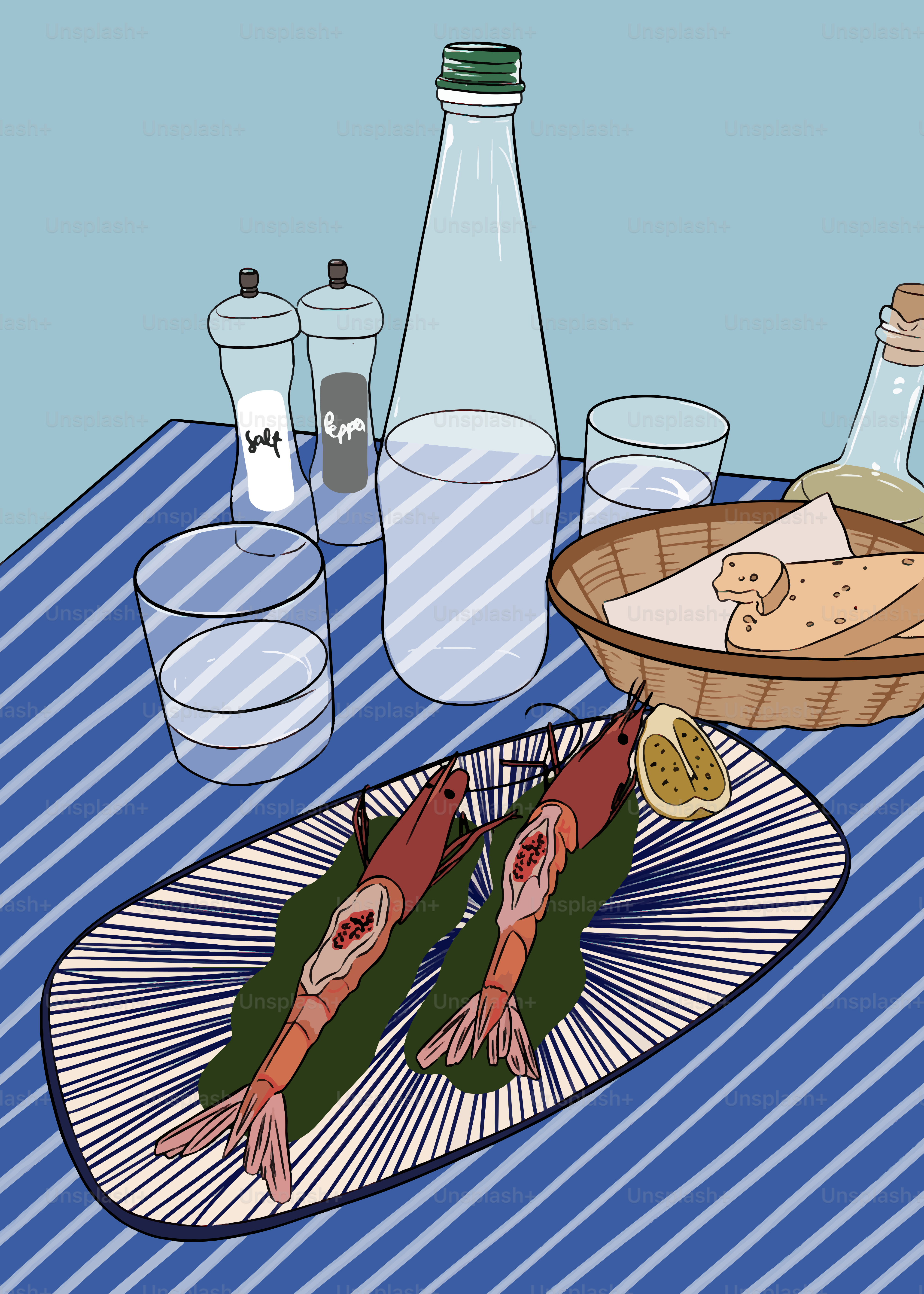 물병과 함께 테이블 위의 음식 접시