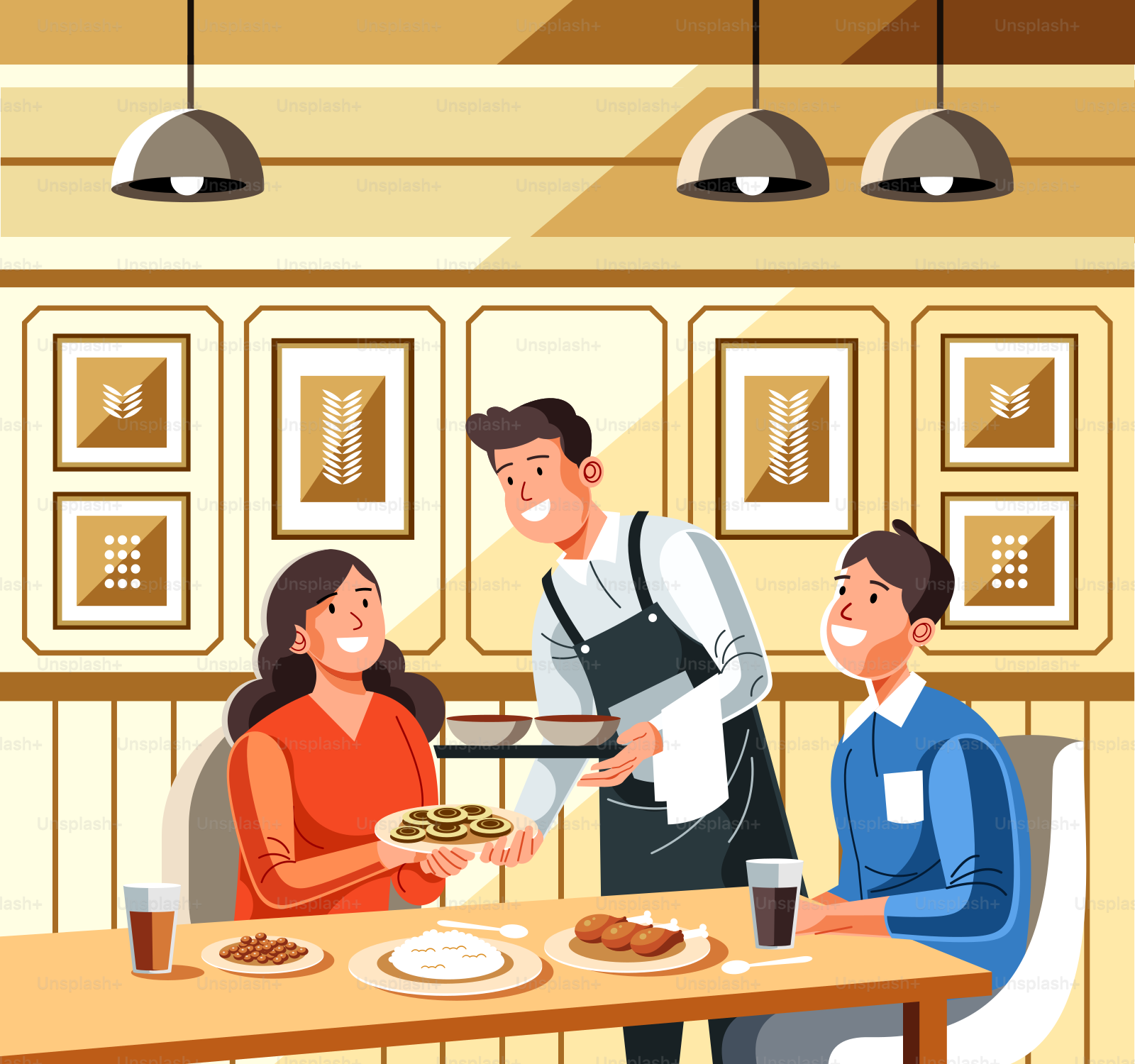 Eine Karikatur eines Mannes, der zwei Frauen Essen serviert