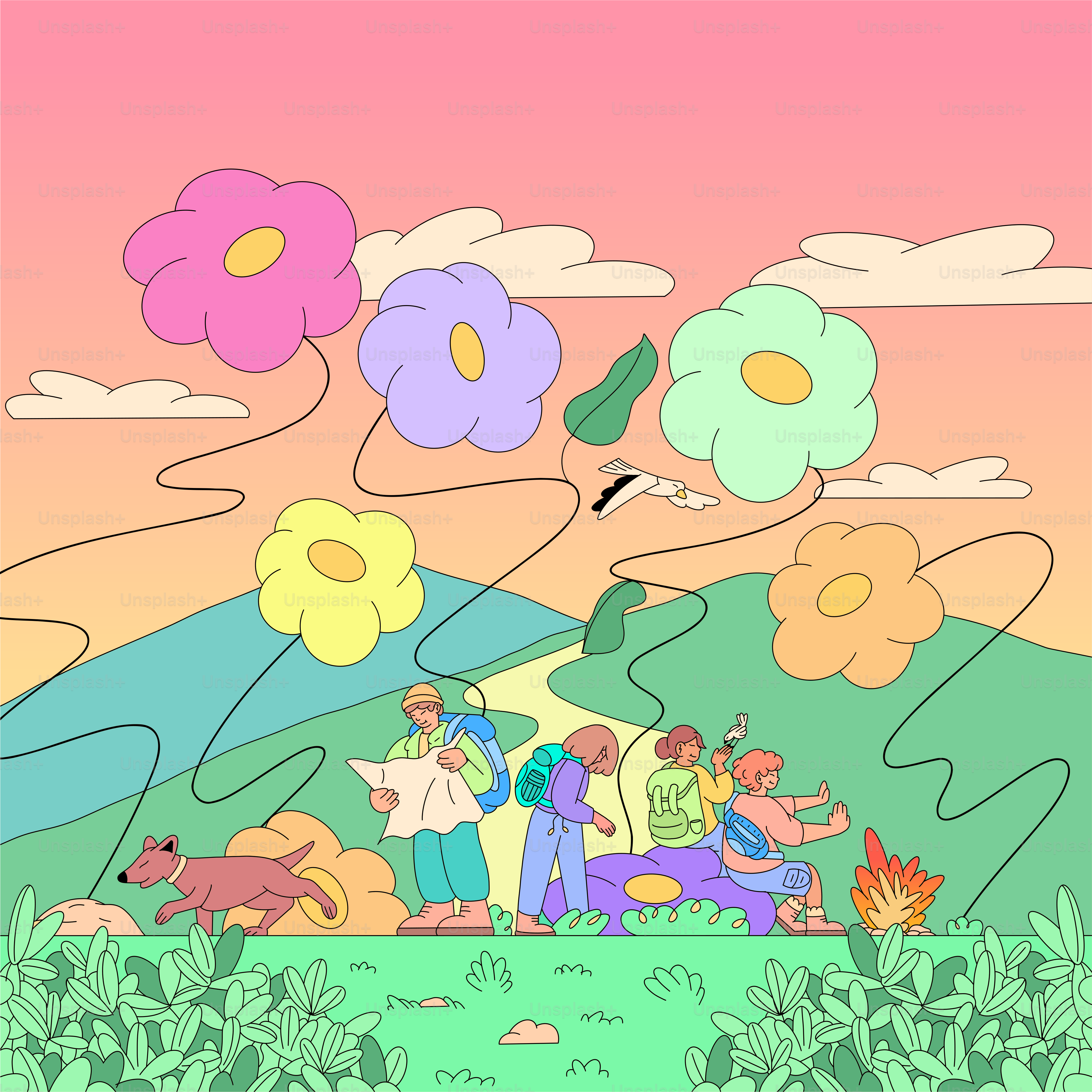 Un groupe de personnes debout au sommet d’un champ verdoyant