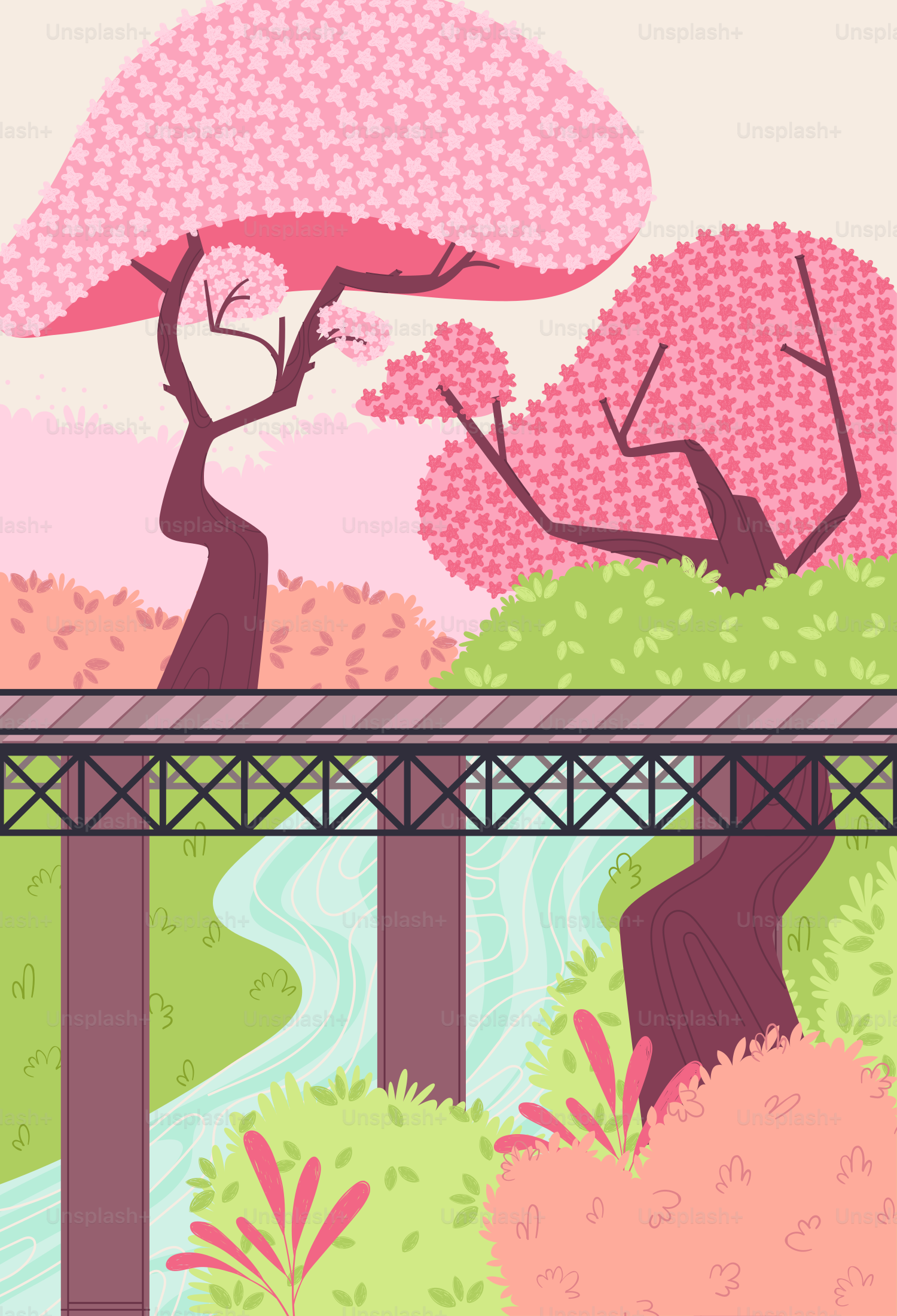 A bridge over a river with trees and bushes