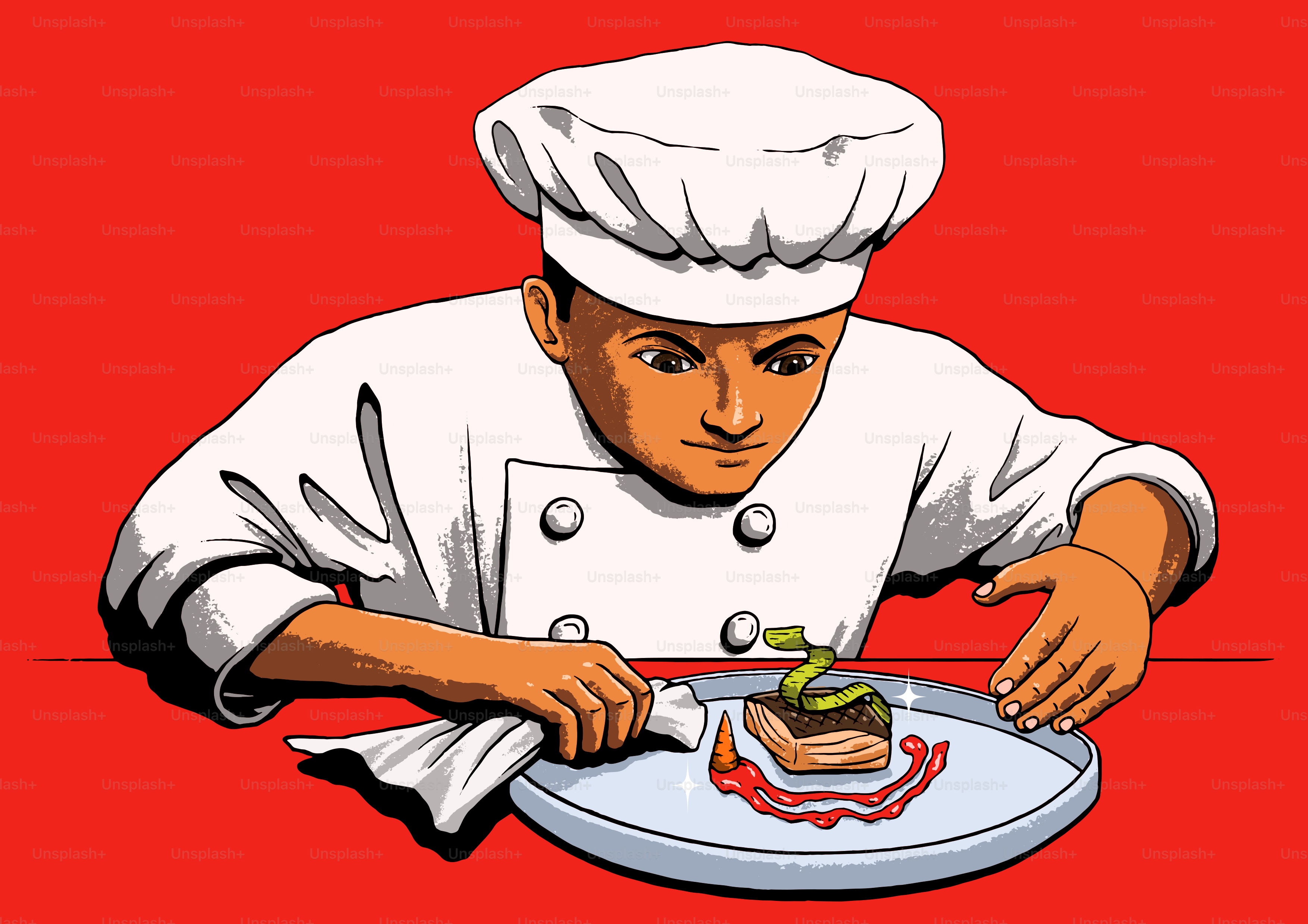 Un hombre con uniforme de chef está comiendo un sándwich