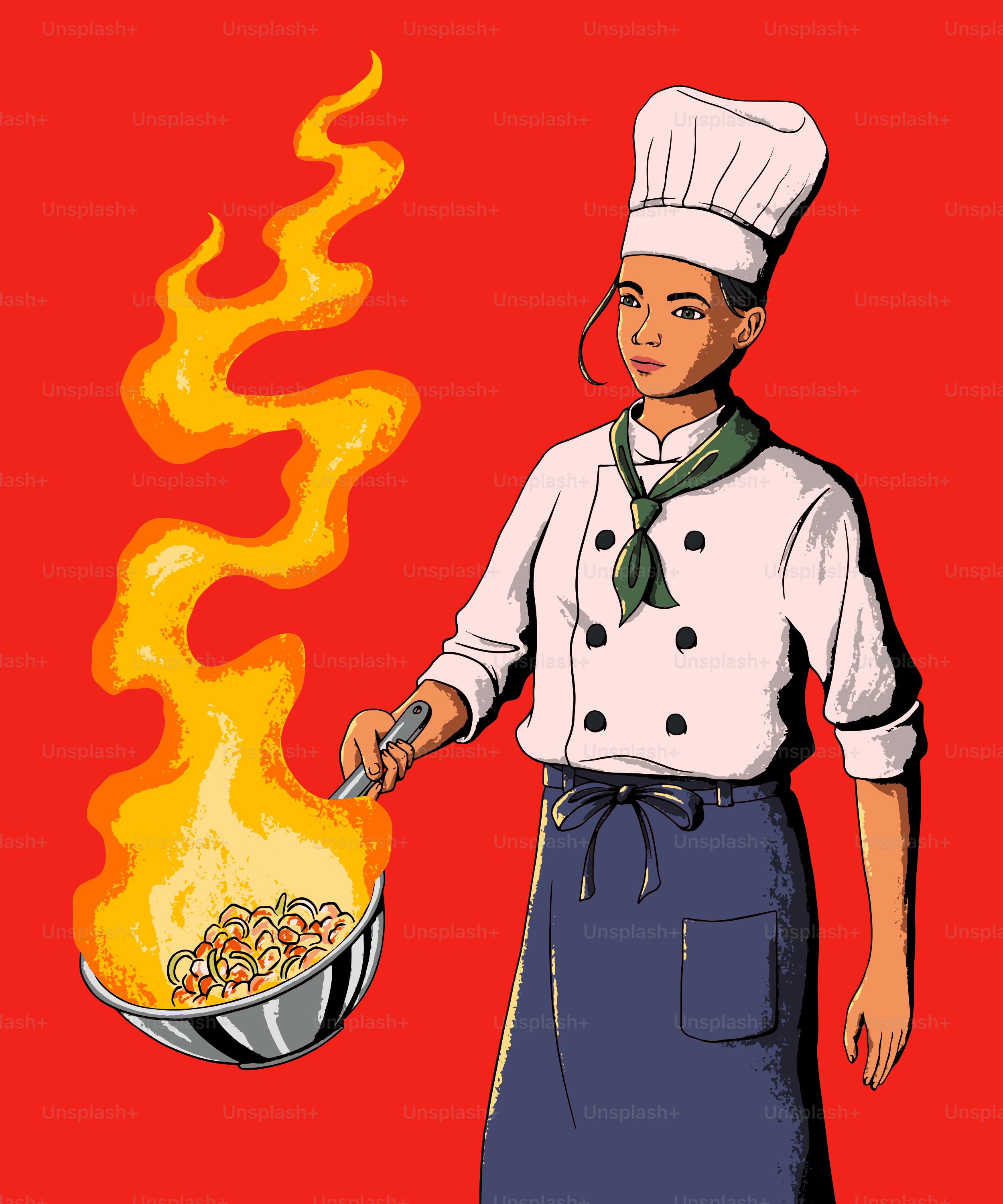 A chef holding a frying pan with flames coming out of it