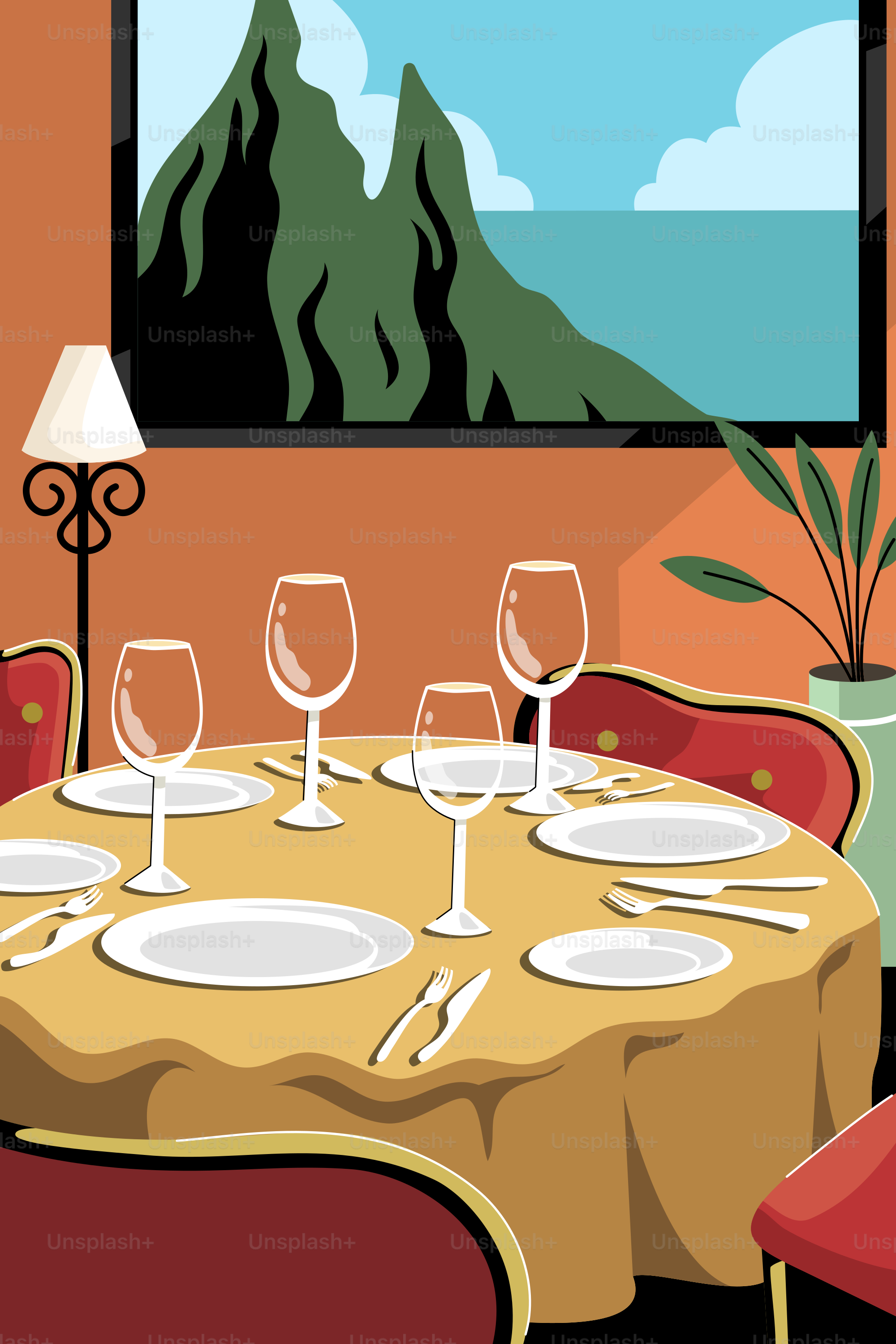 A dining room with a table and chairs