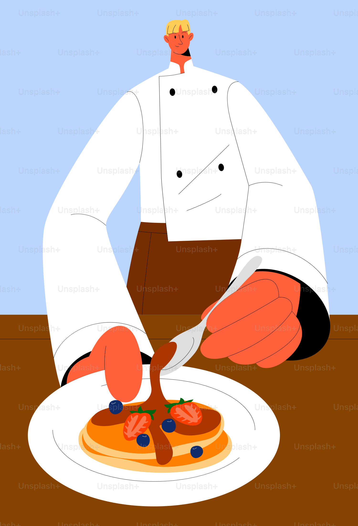 A man in a chef's uniform cutting a plate of food