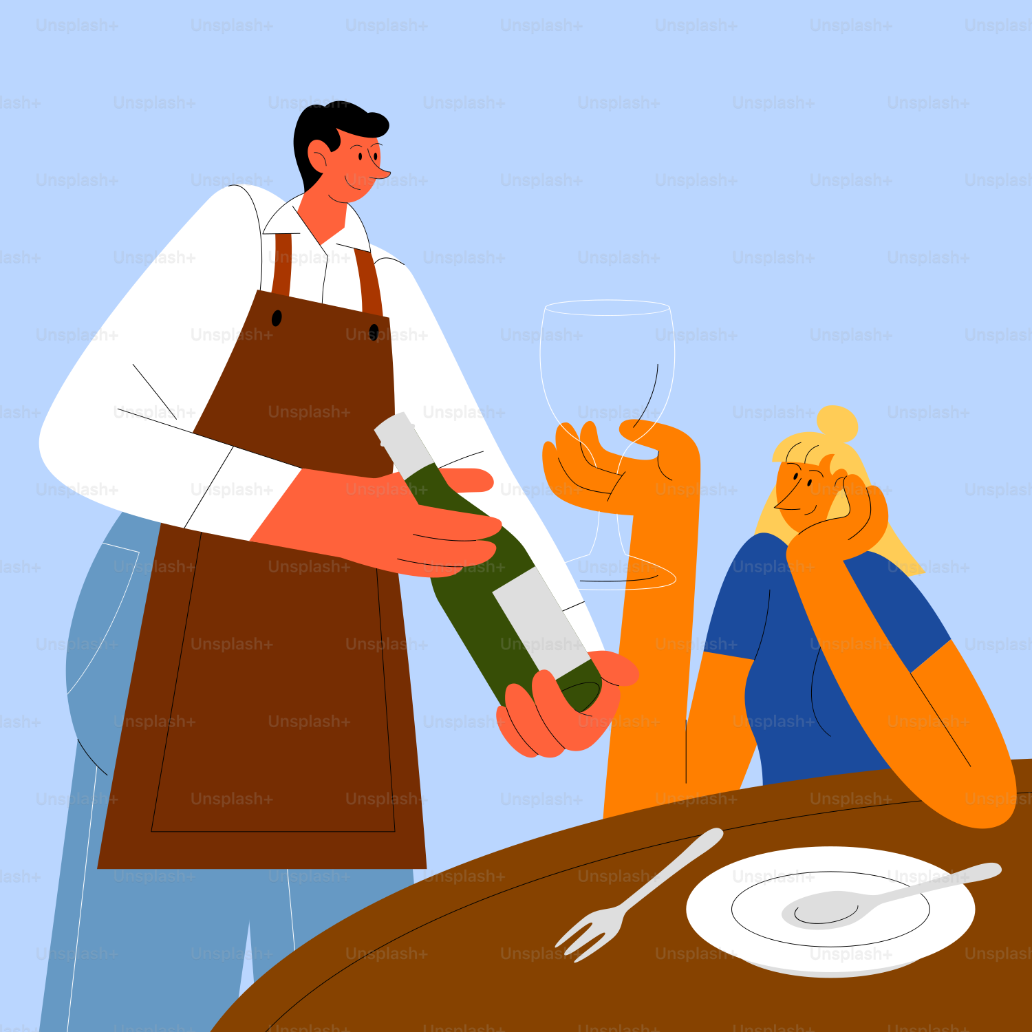 Ein Mann, der eine Flasche Wein hält, steht neben einer Frau an einem Tisch