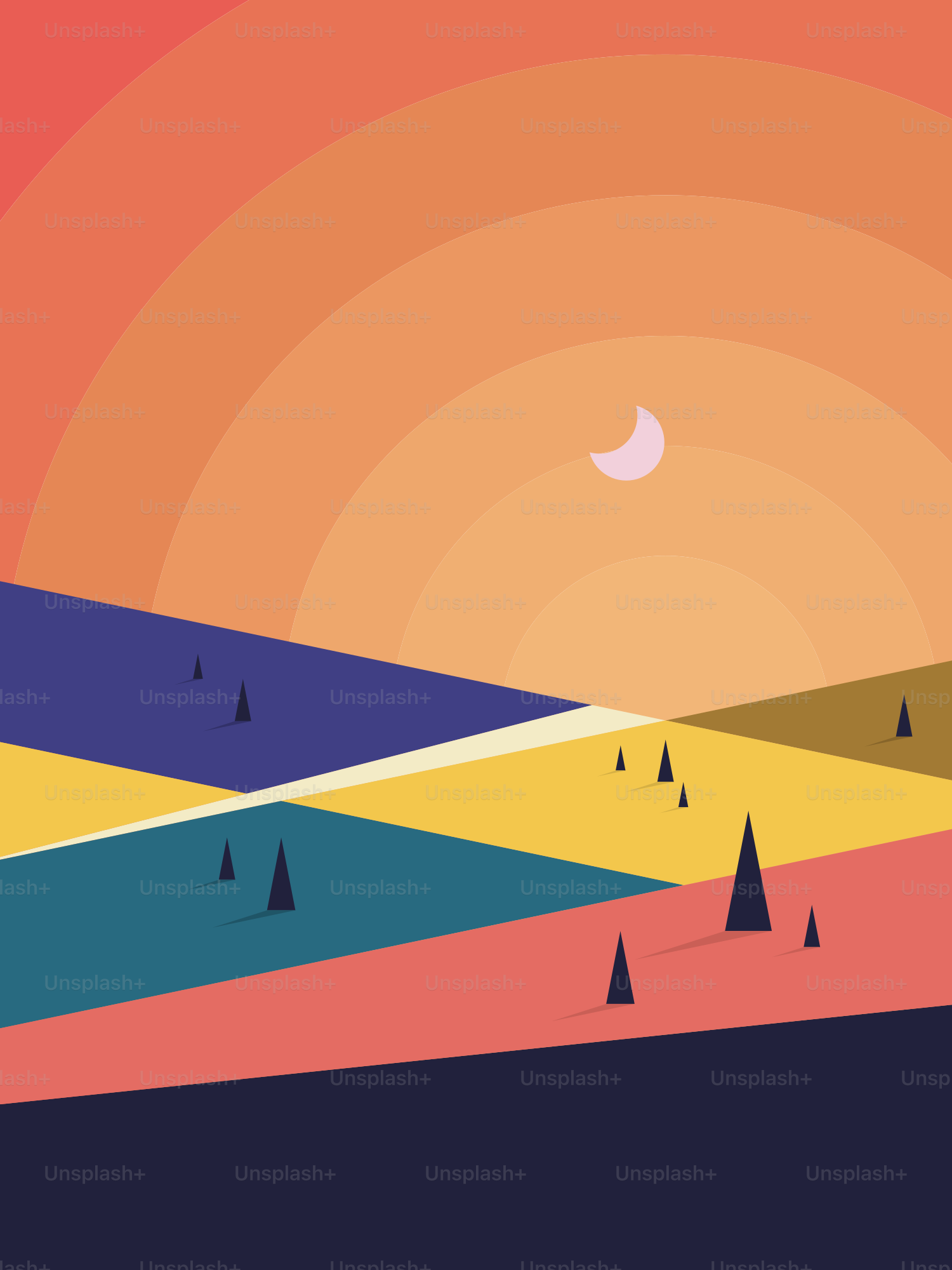 A painting of a sunset with trees in the foreground