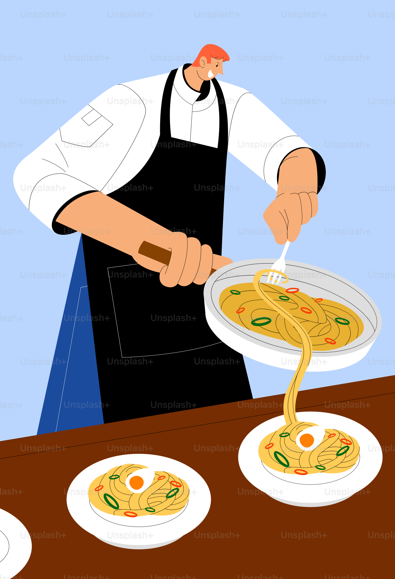 Ein Mann mit Schürze bereitet Essen auf dem Tisch zu