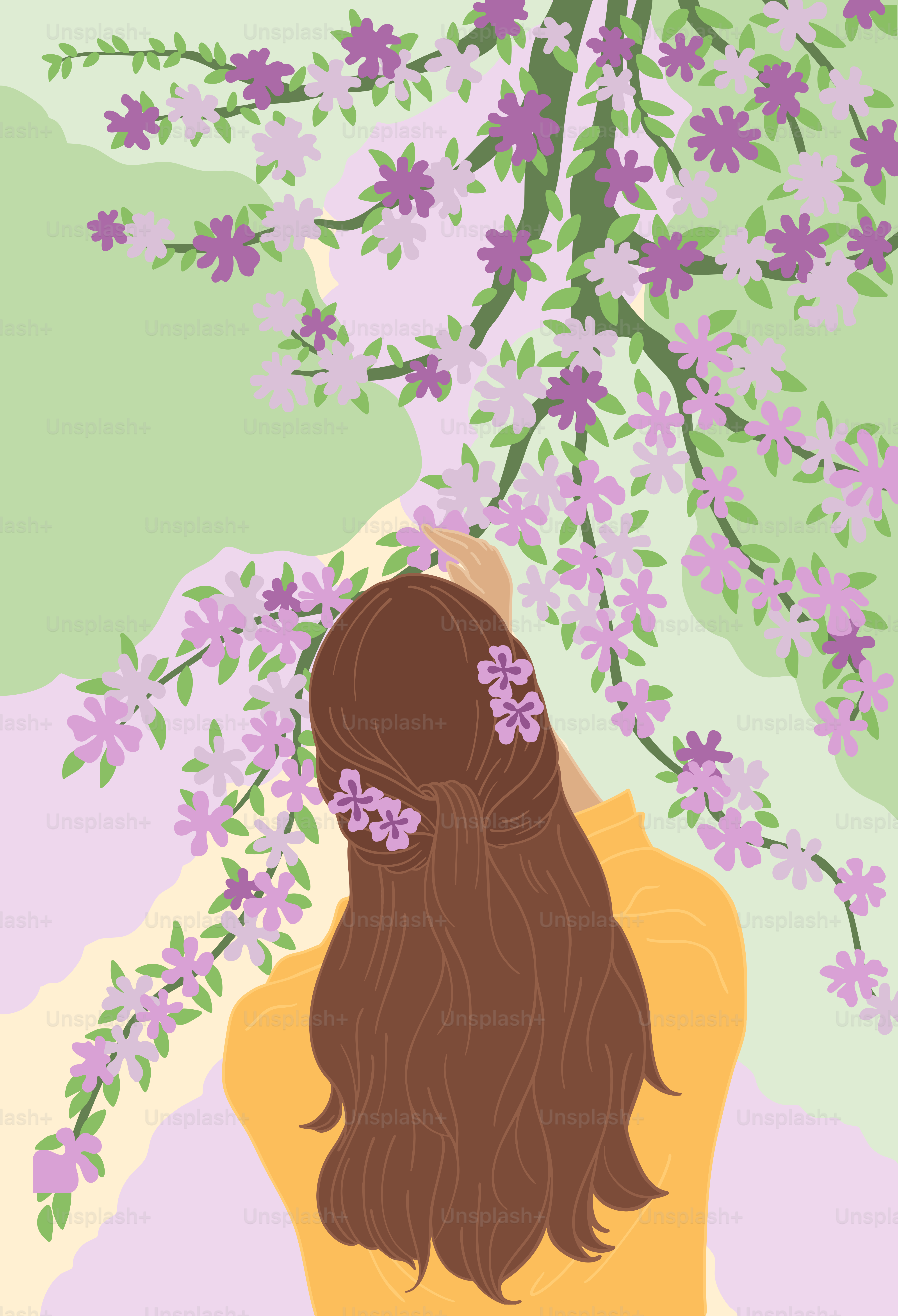 A woman sitting under a tree with purple flowers