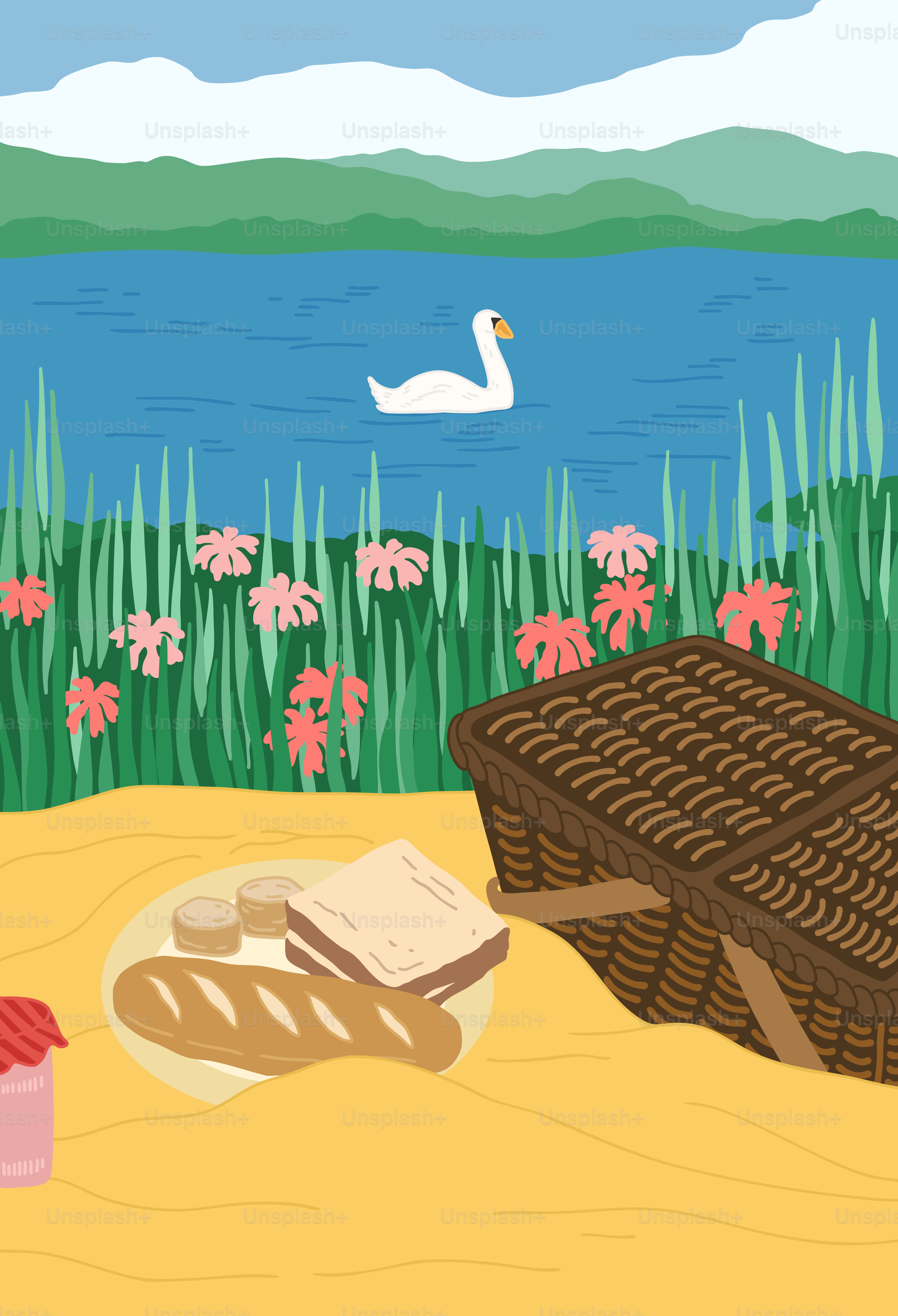 A painting of a picnic with a basket of bread and a bottle of wine