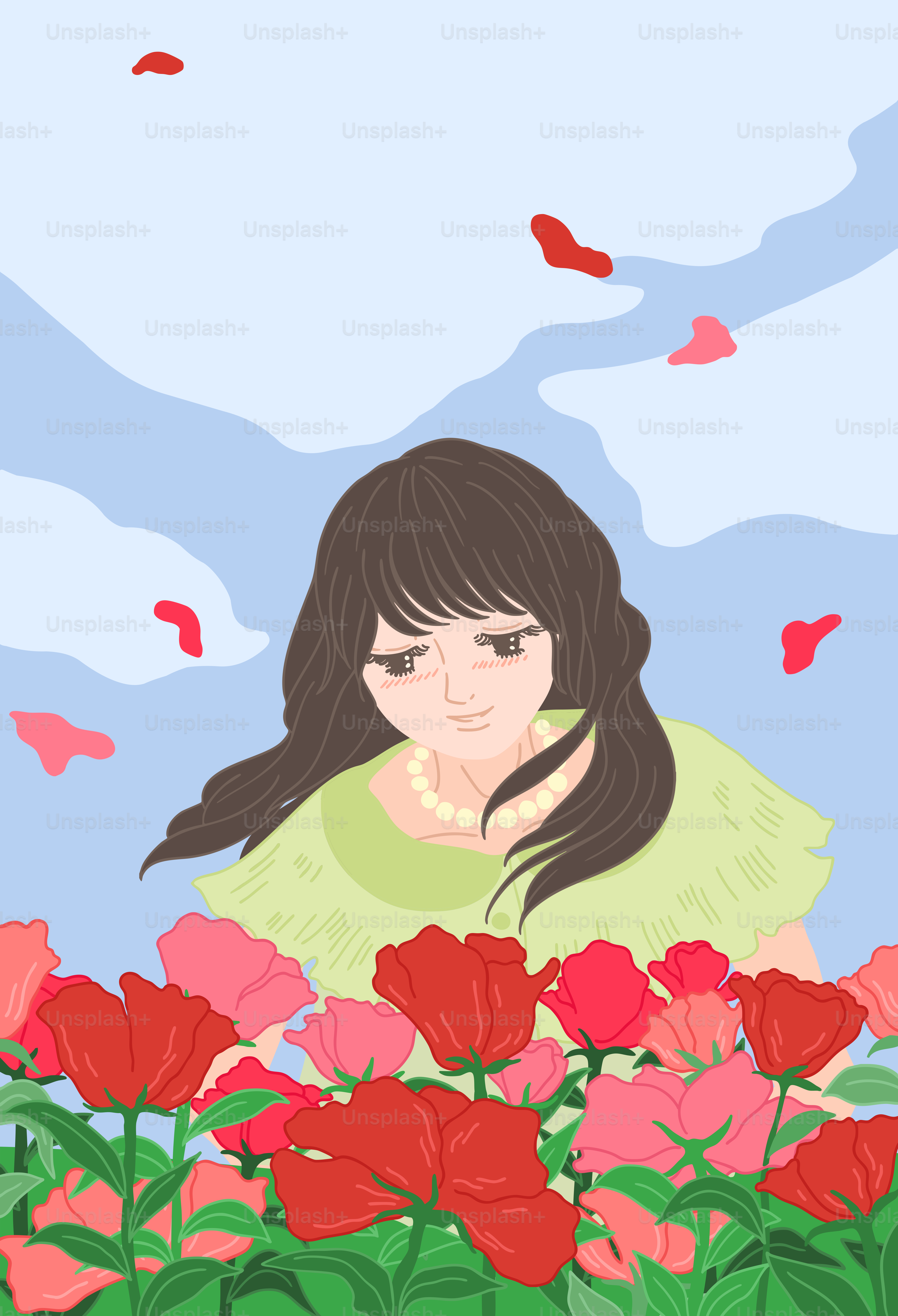 A girl sitting in a field of flowers