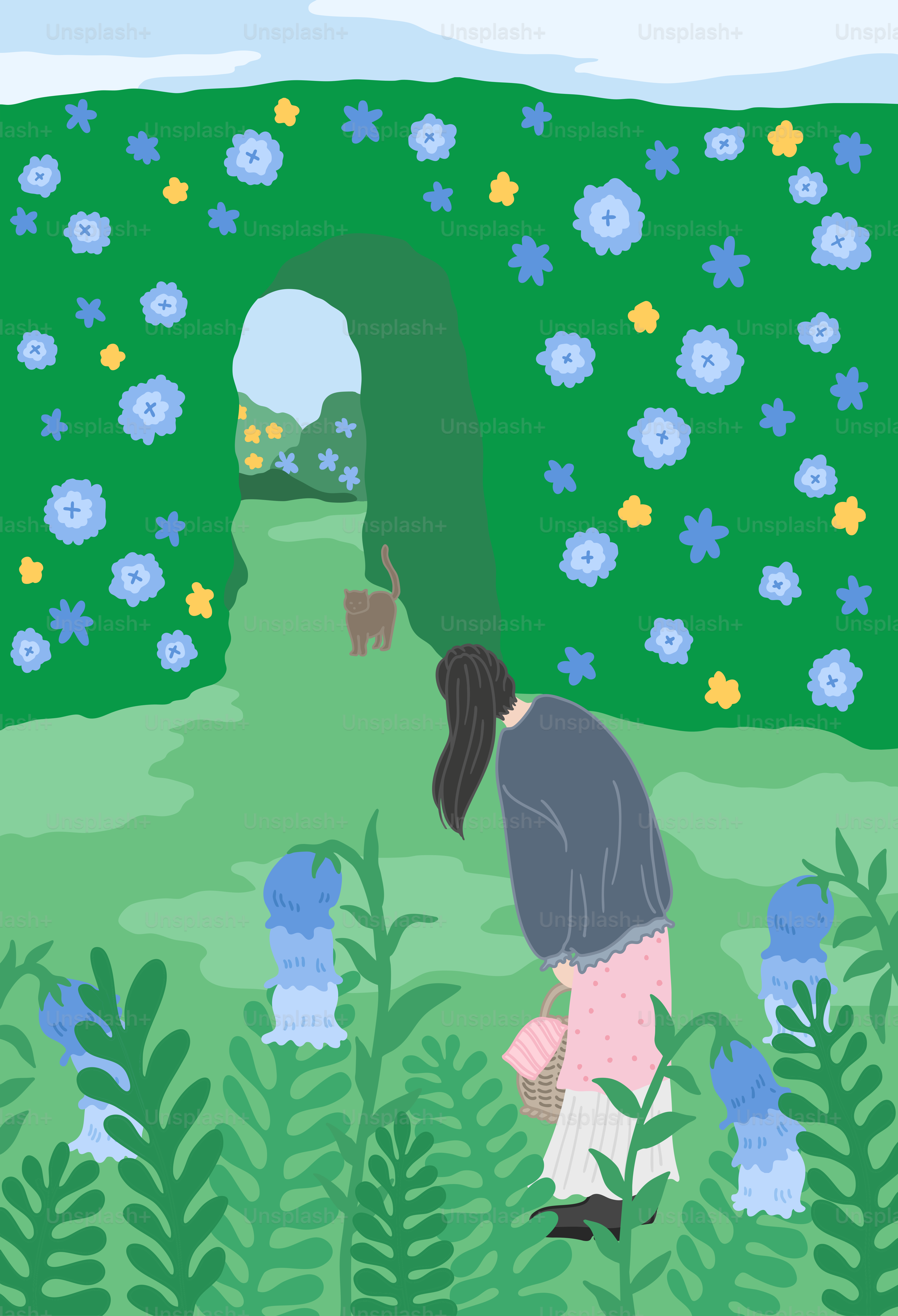A woman in a field with blue flowers