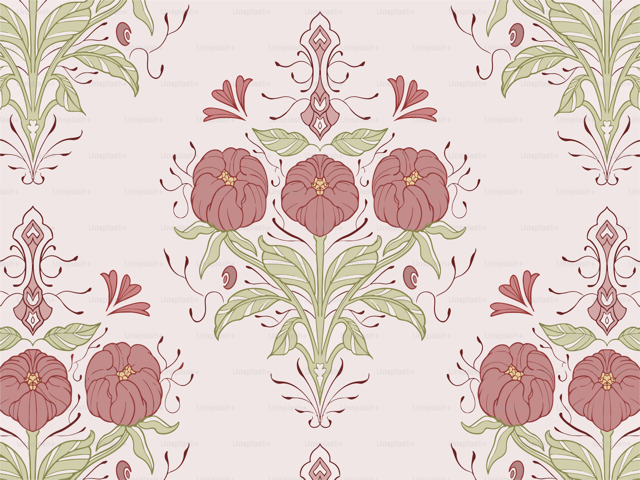 A pink and green floral pattern on a pink background