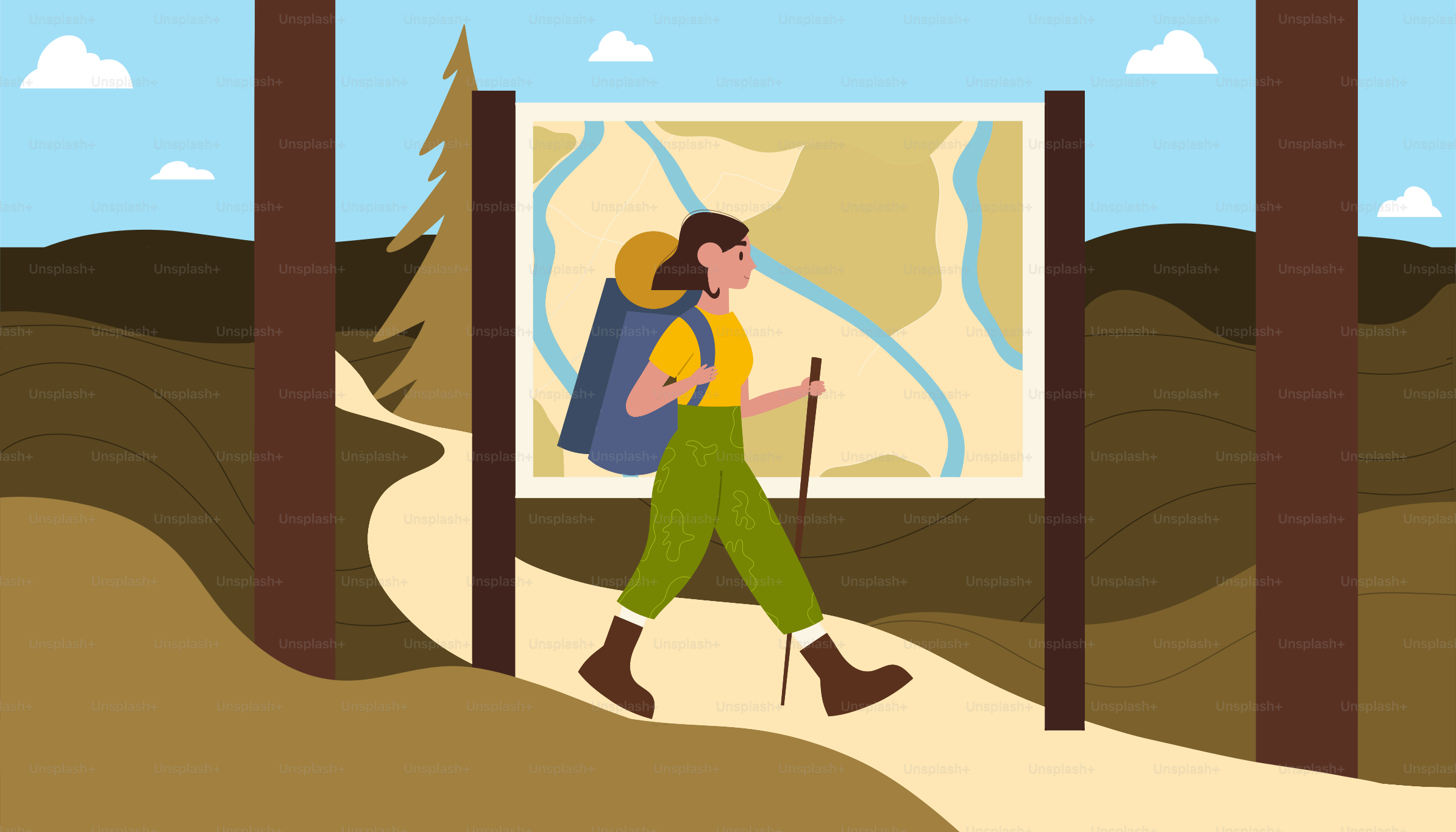 A man with a backpack is walking through the woods