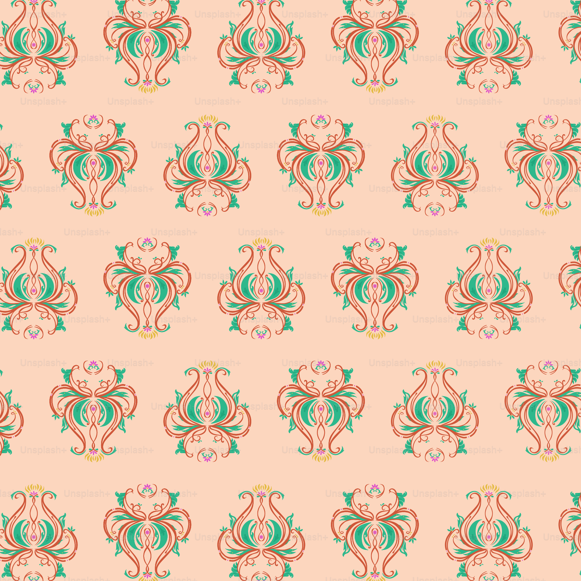 A pink background with green and red designs