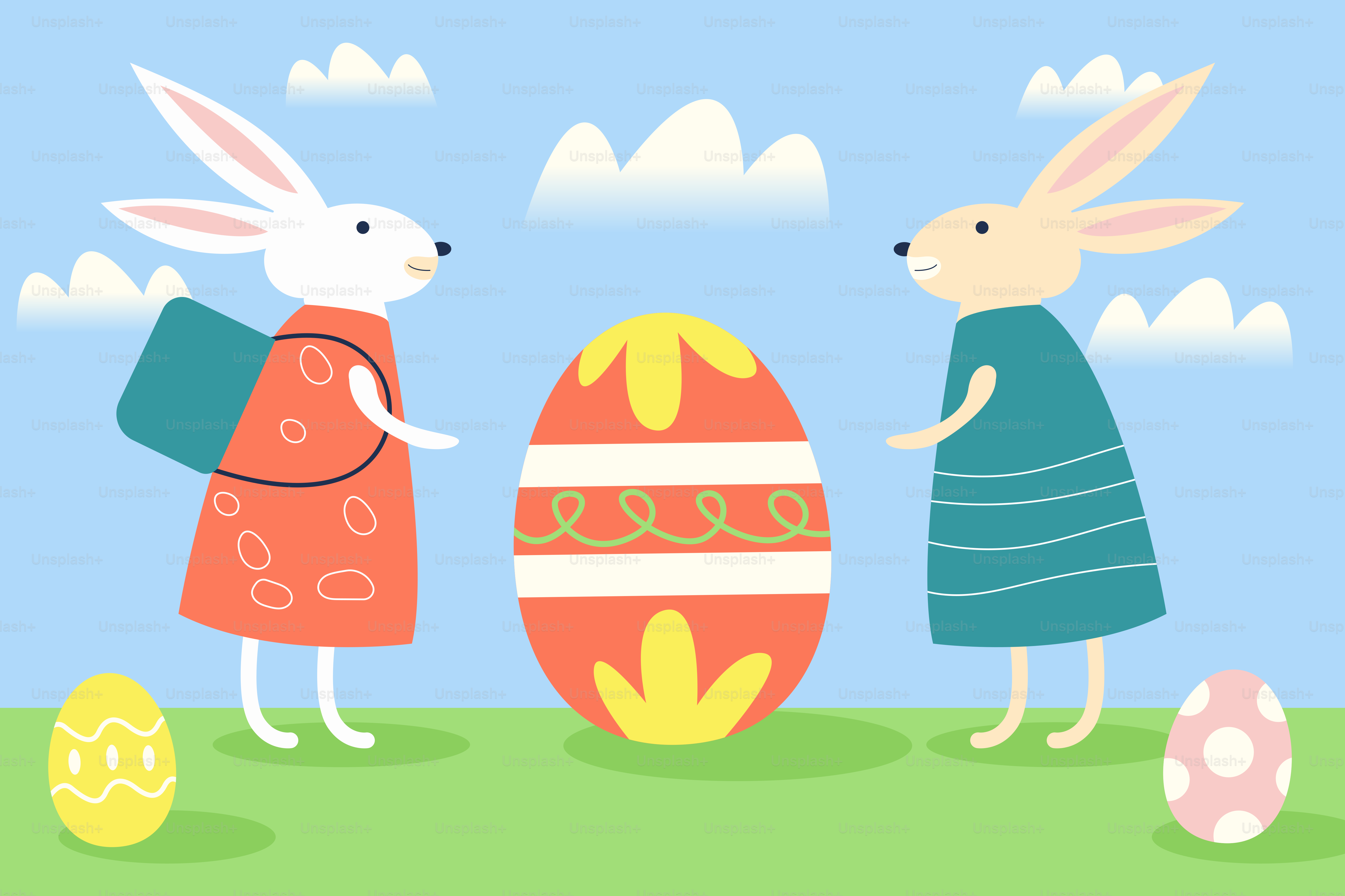 A couple of rabbits standing next to an egg