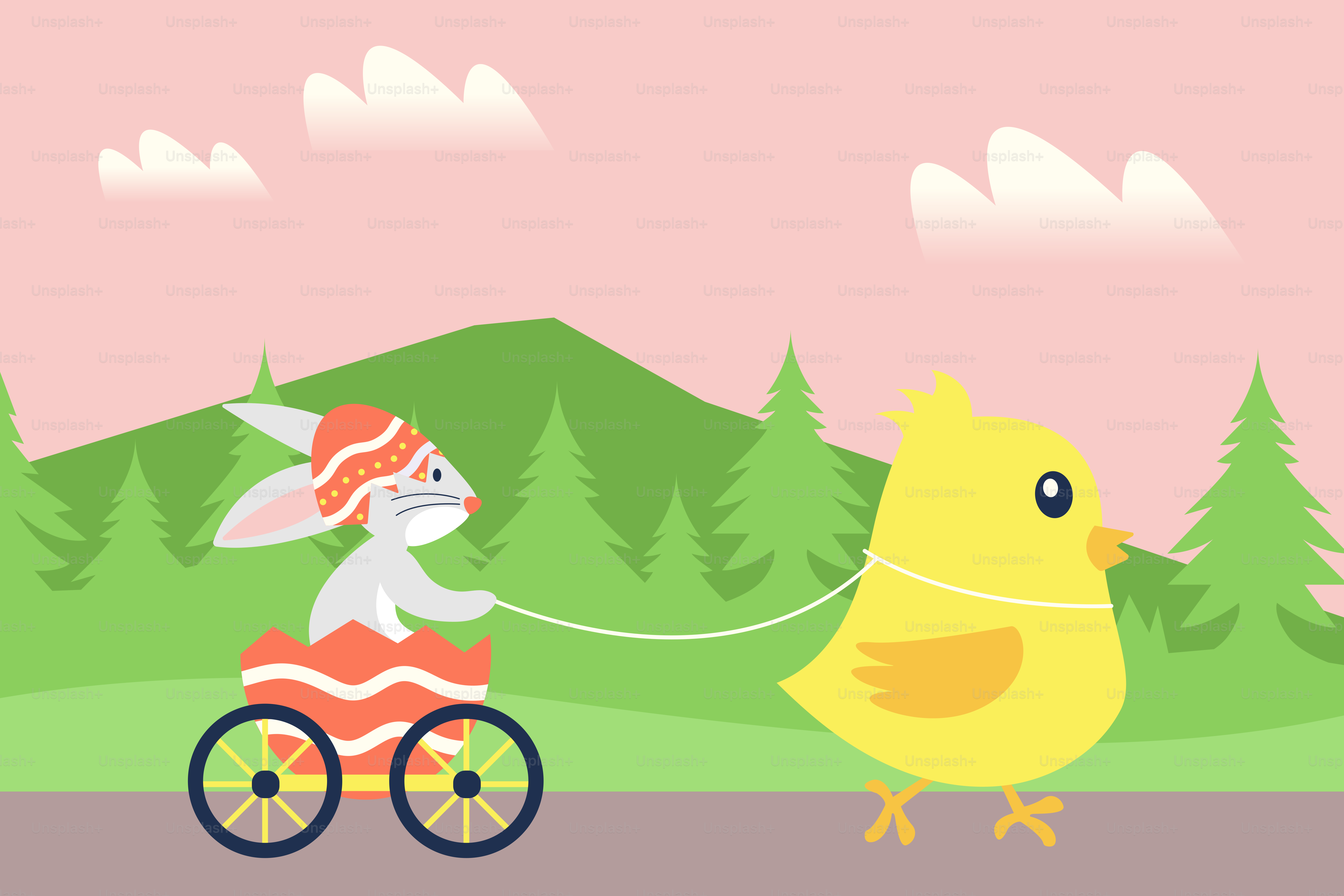 A rabbit riding a bike pulling a duck on a leash