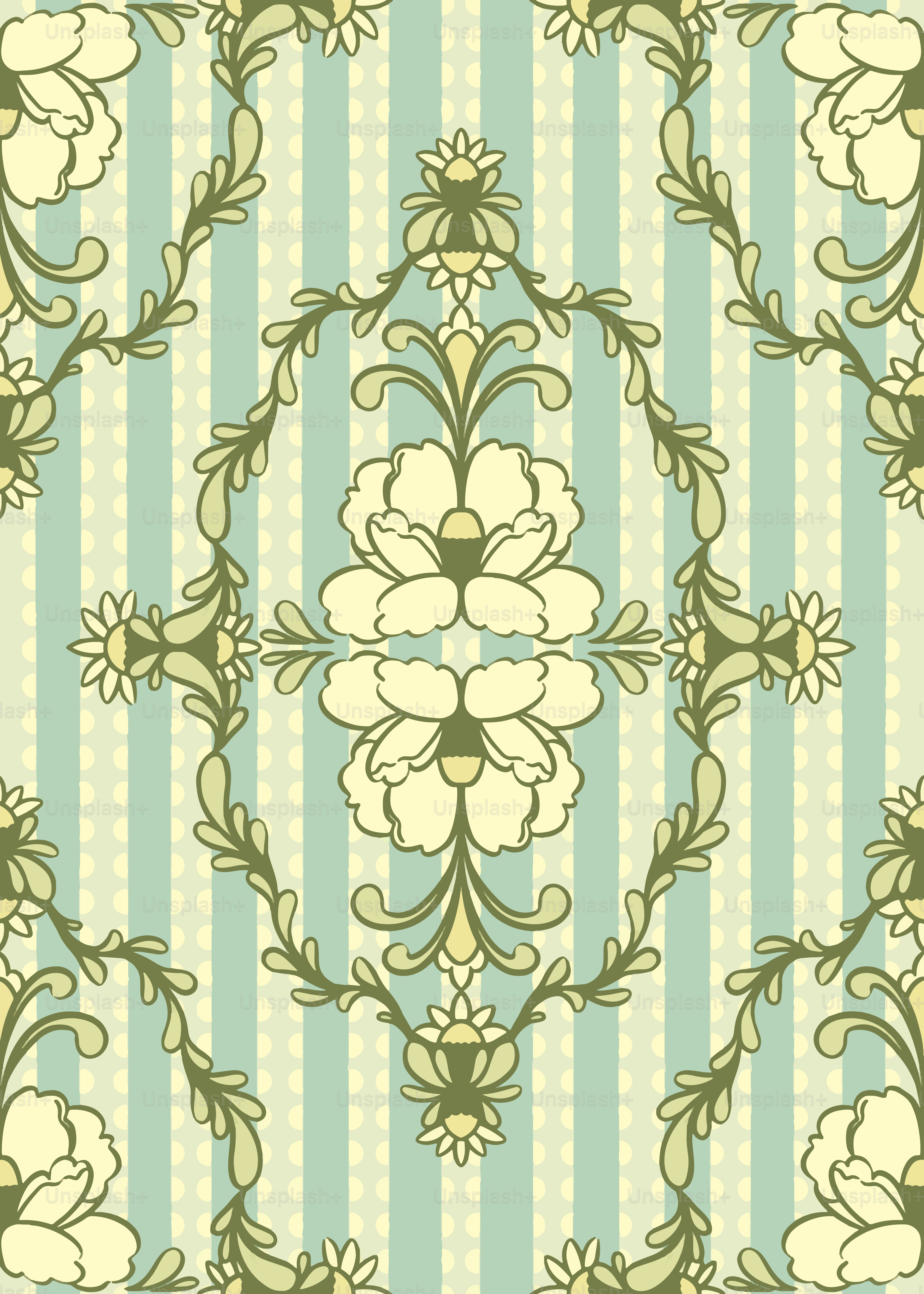 A blue and green striped wallpaper with flowers