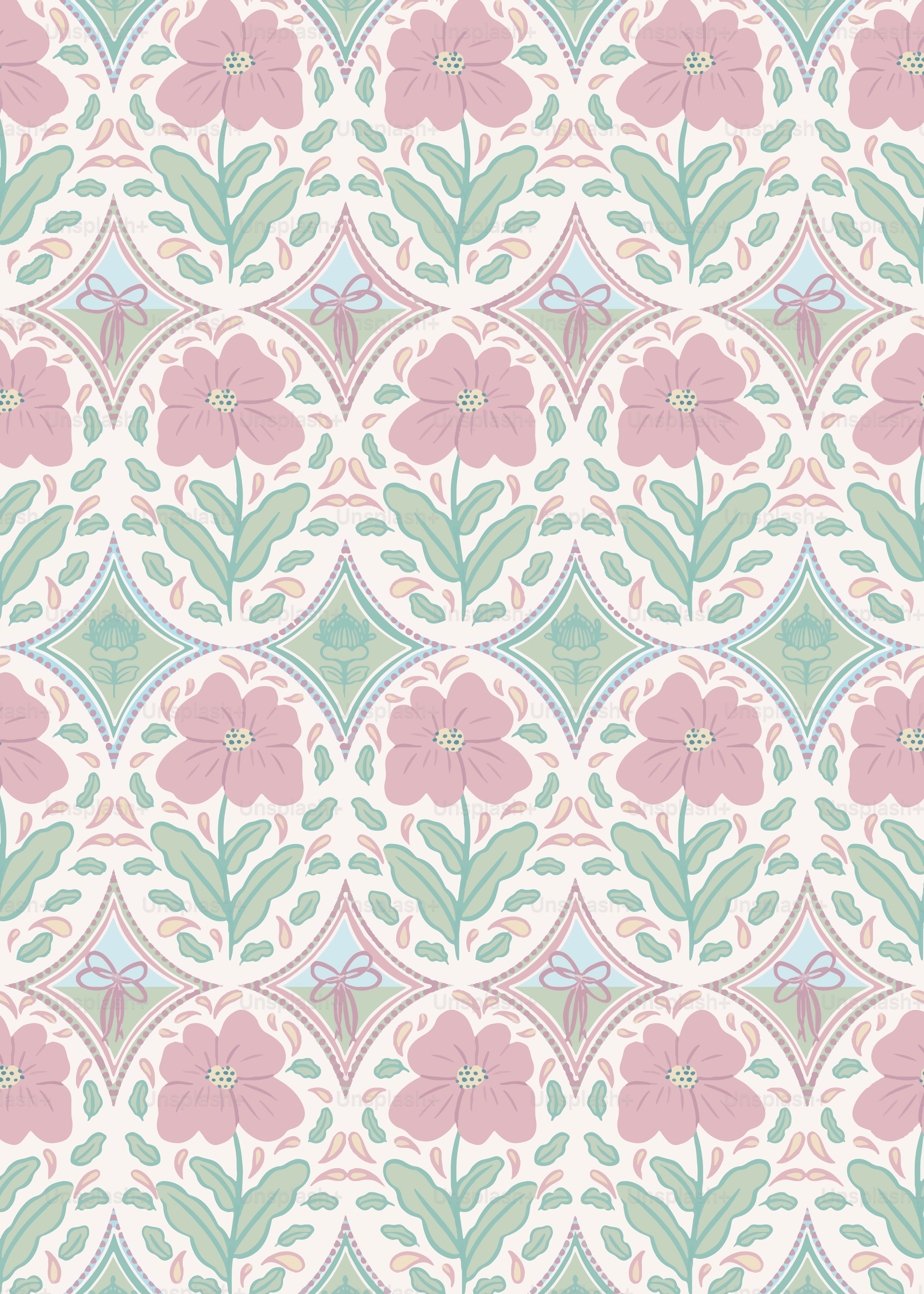 A pink and green flower pattern on a white background