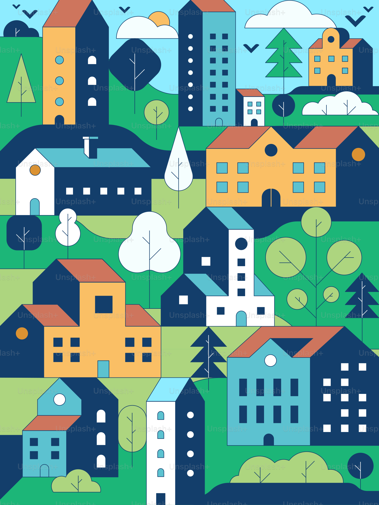 Una città con molti edifici e alberi