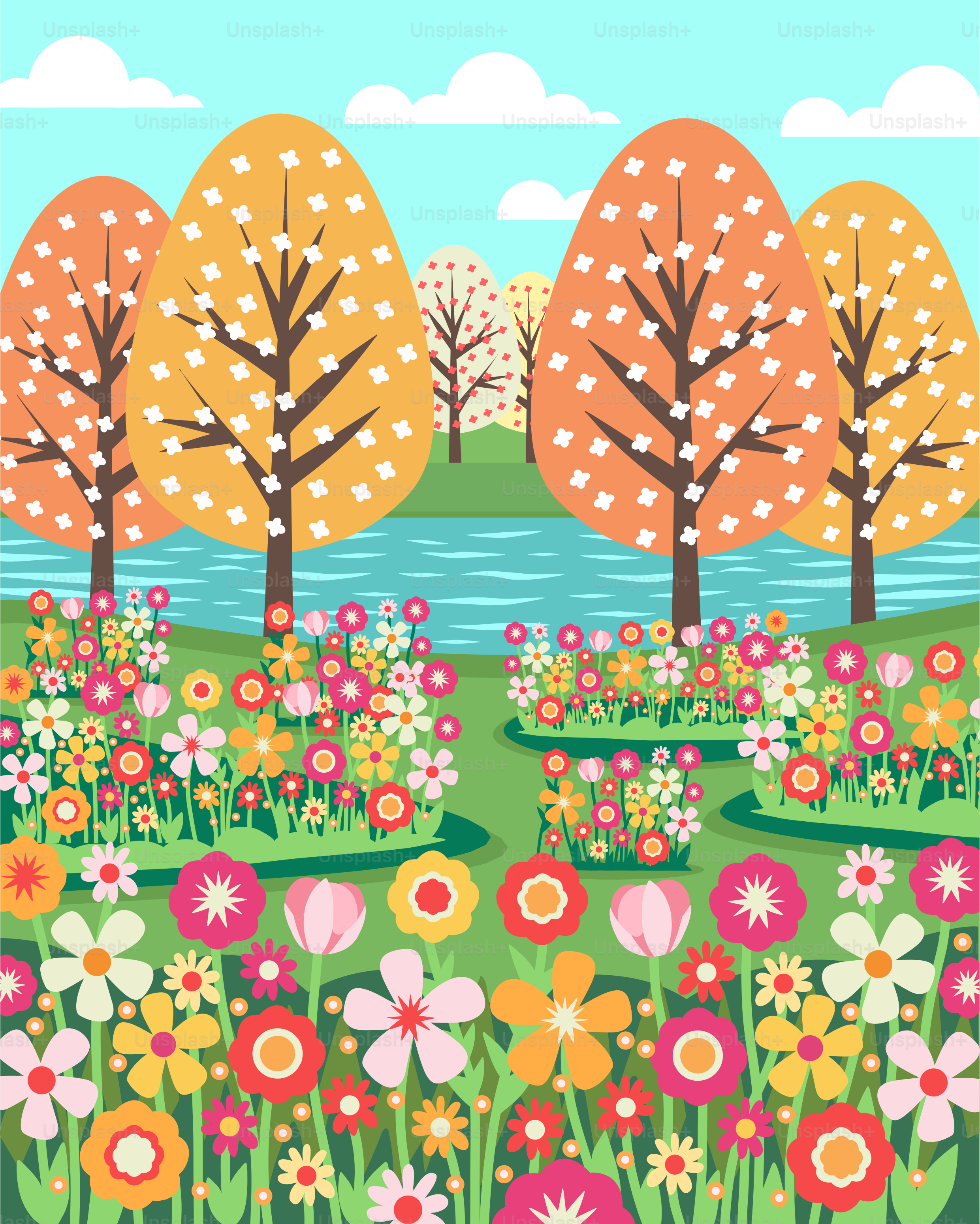 A field of flowers with trees and water in the background