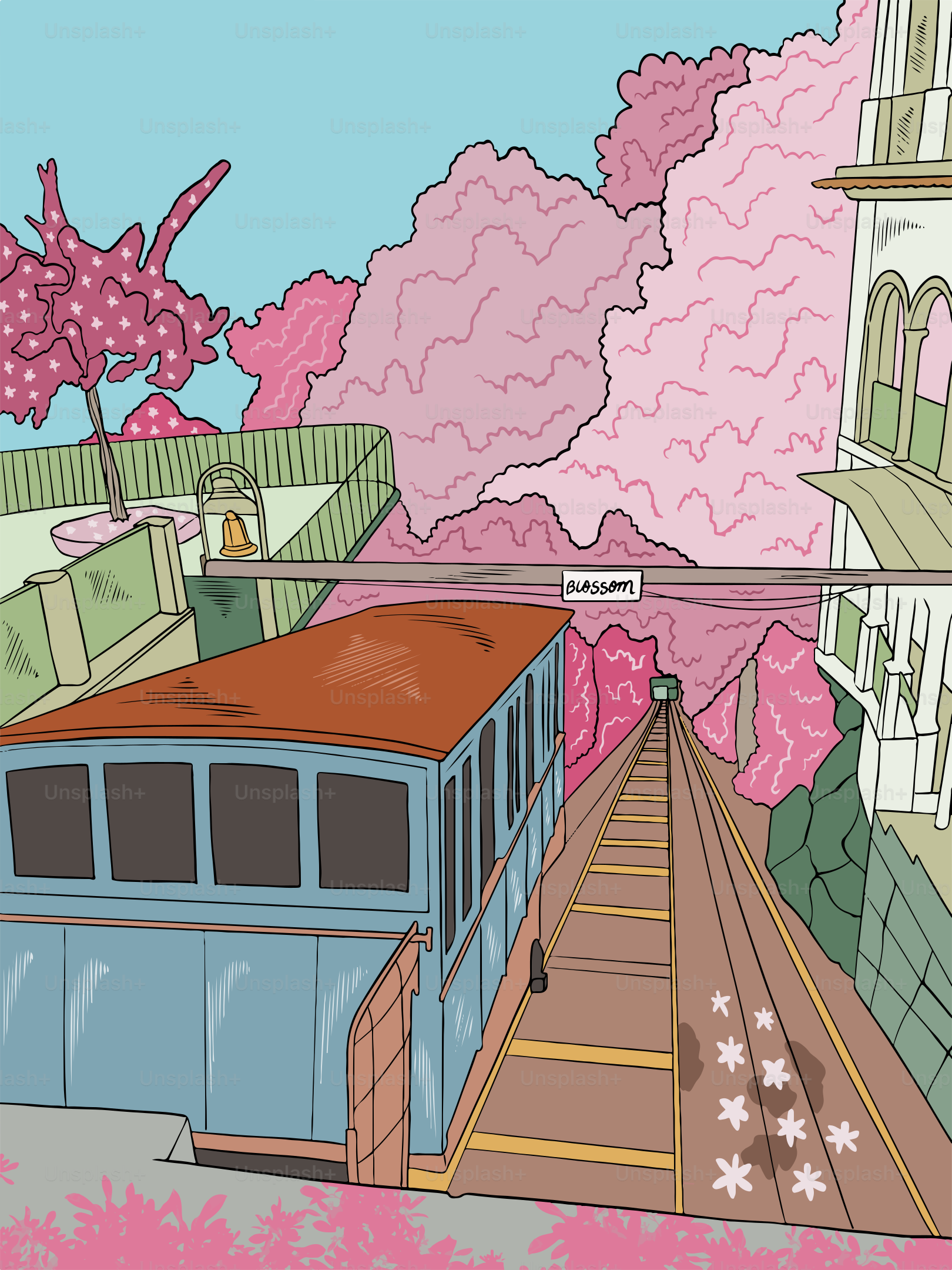 Zeichnung eines Zuges, der die Gleise entlangfährt