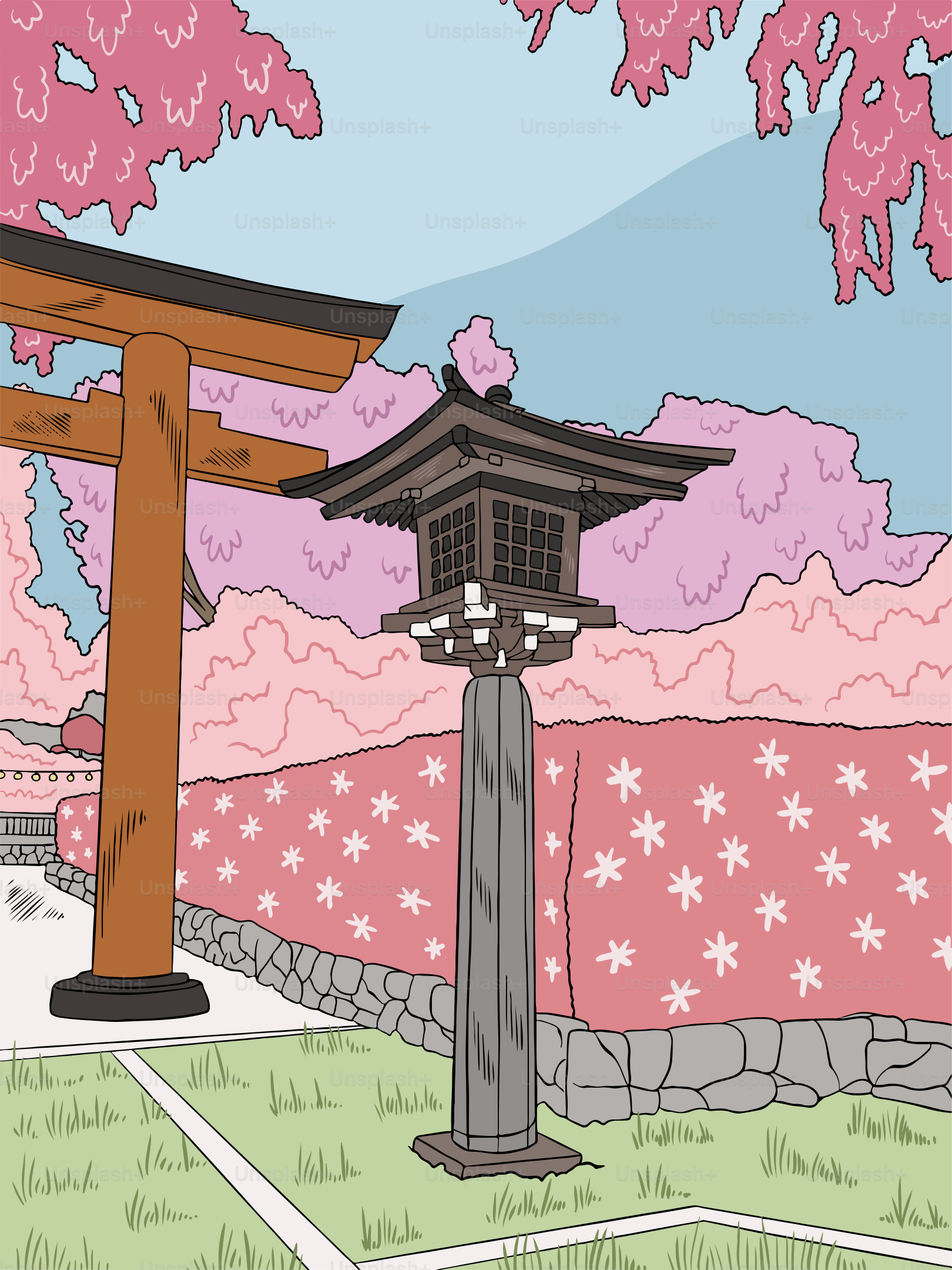 Eine Zeichnung eines japanischen Schreins in einem Park