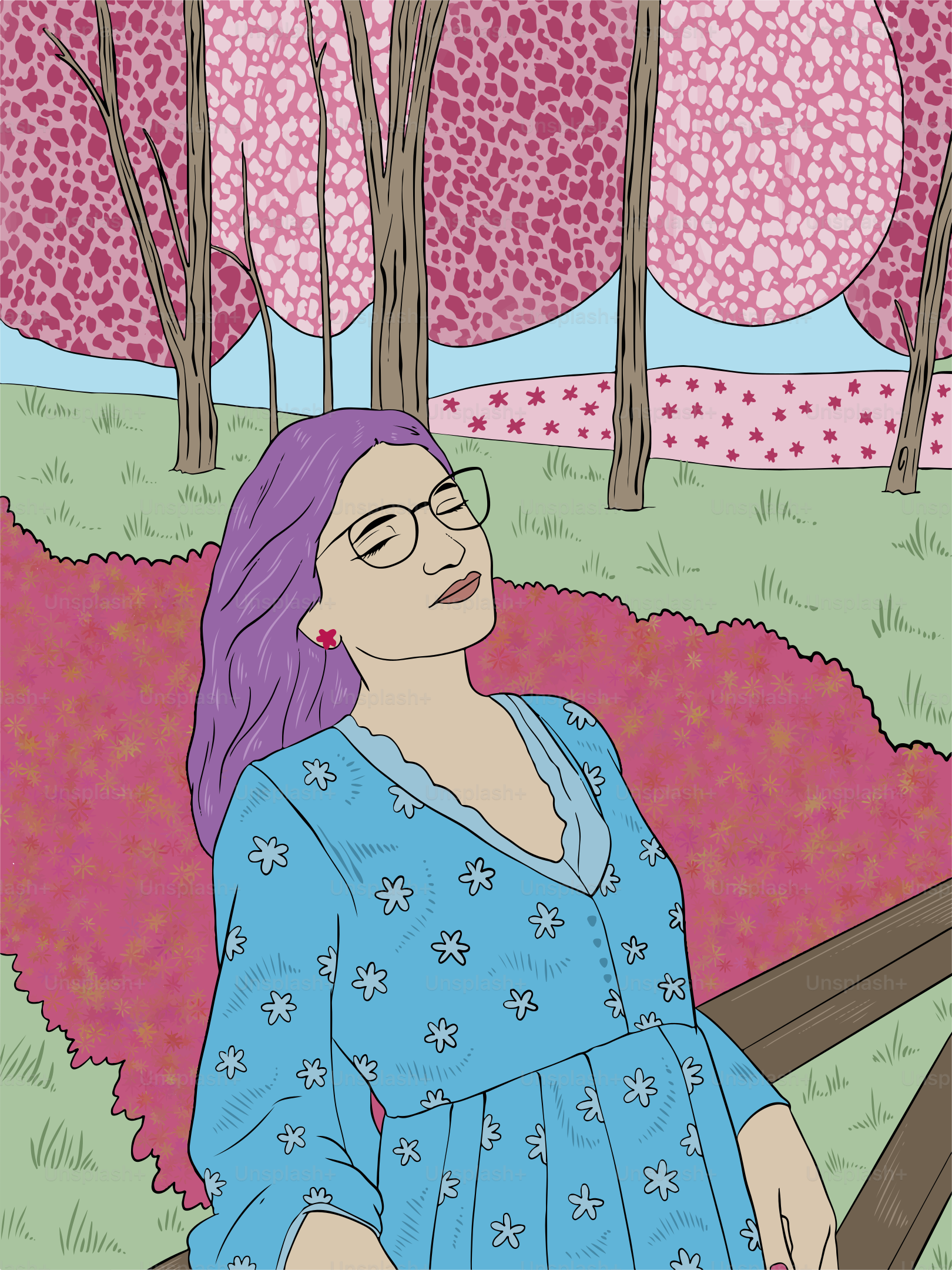 Ein Gemälde einer Frau, die auf einer Bank sitzt