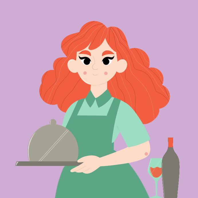 Une femme tenant un plateau sur lequel se trouve une bouteille de vin