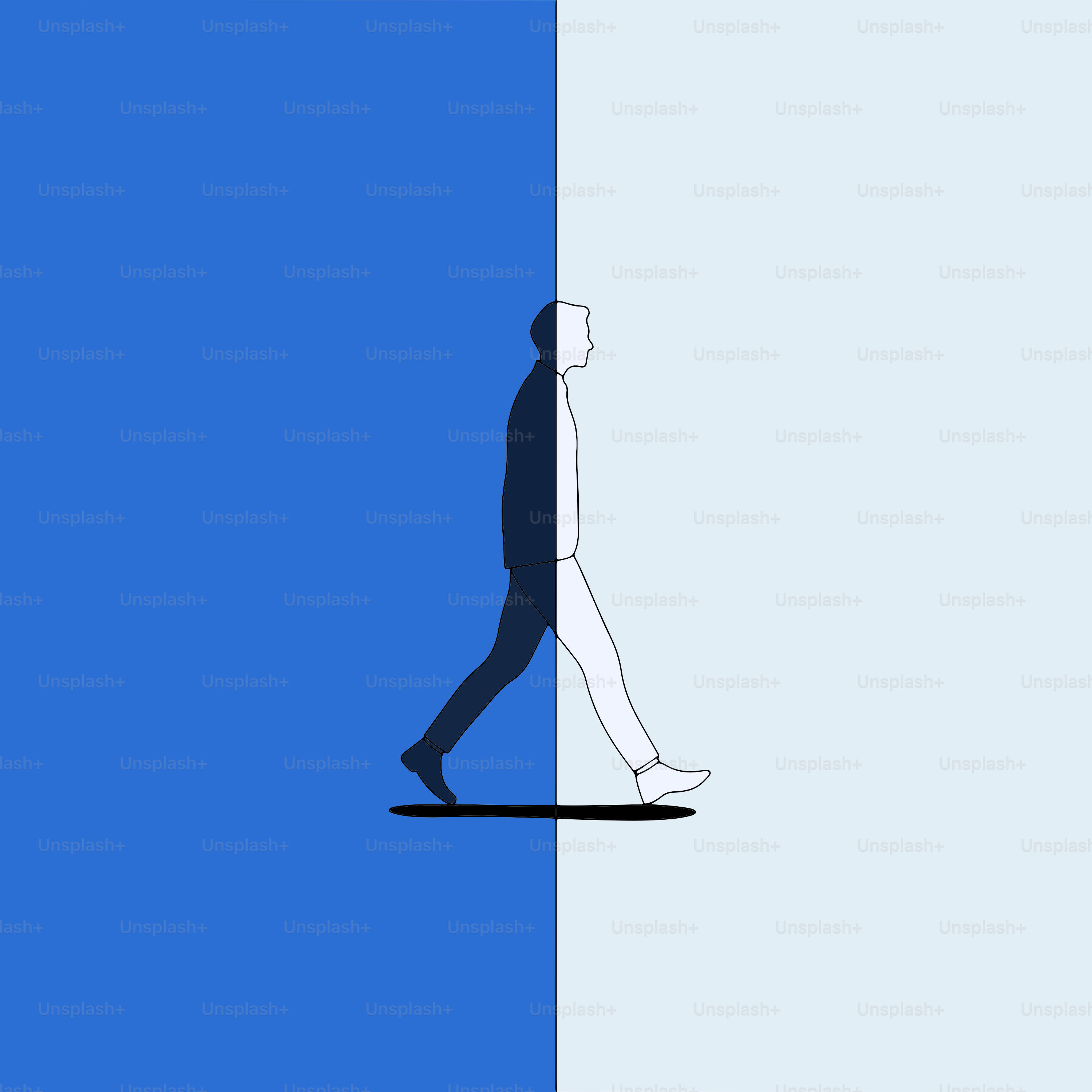 Ein Mann, der vor einer blau-weißen Wand läuft