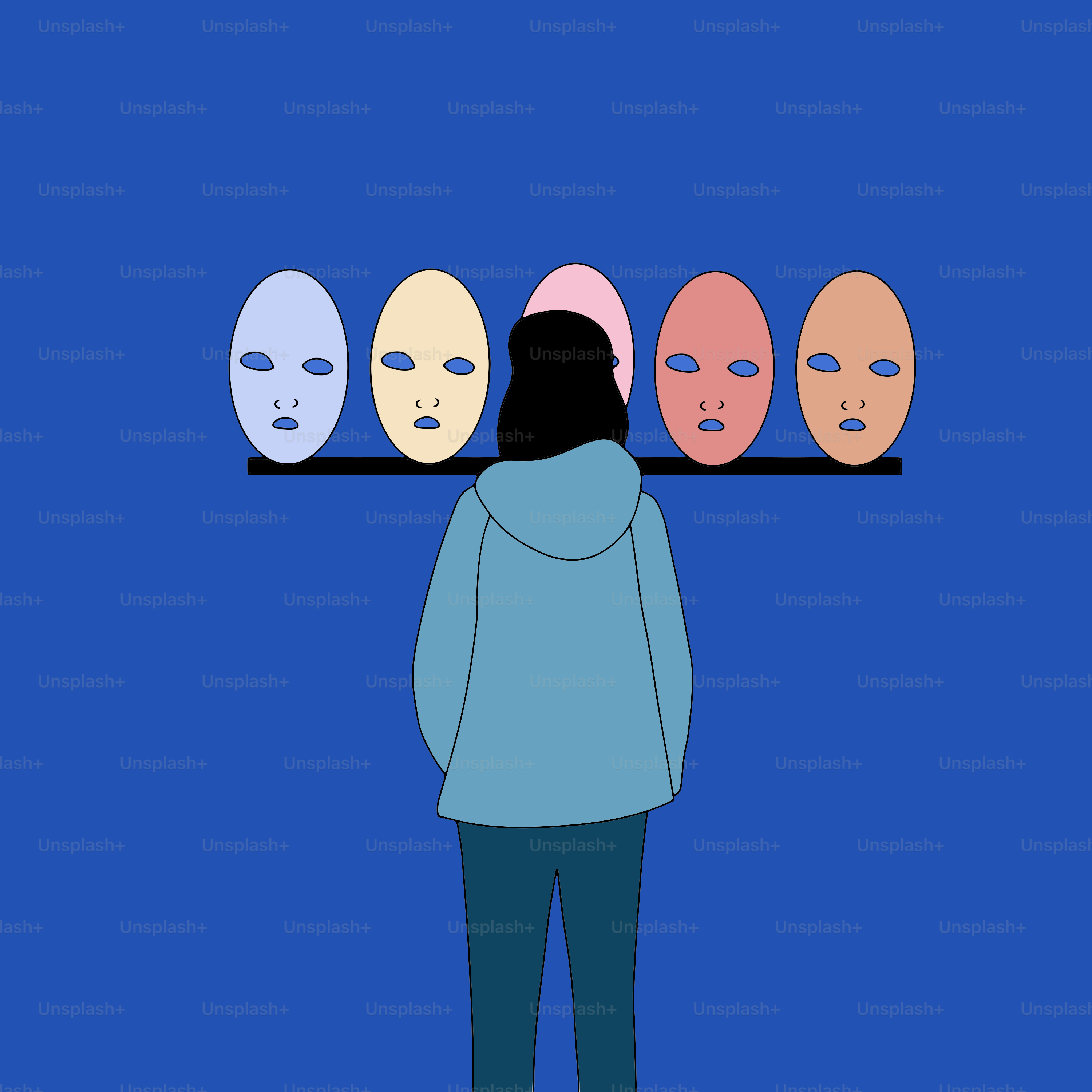 A person standing in front of a row of masks