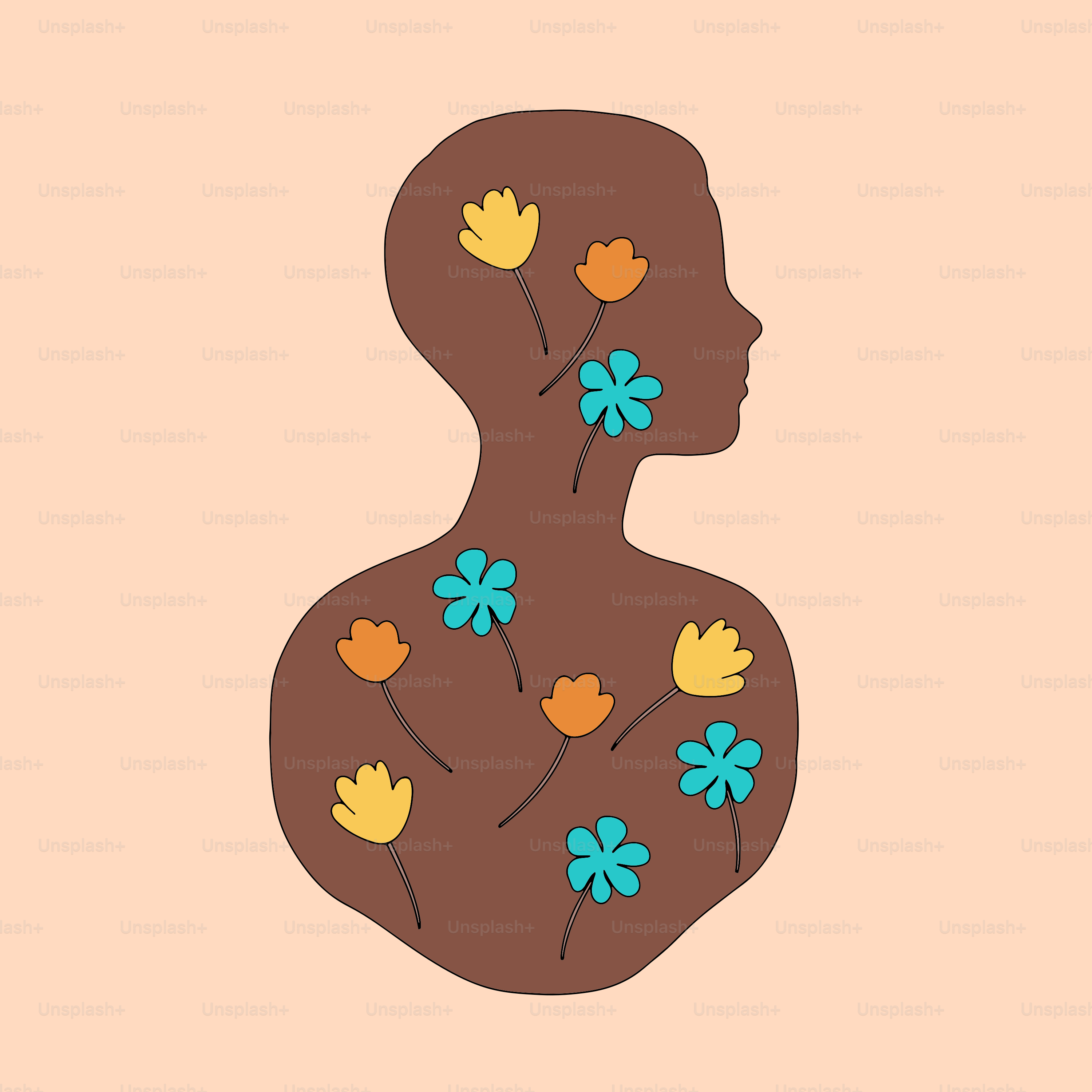 Die Silhouette einer Person mit Blumen im Haar