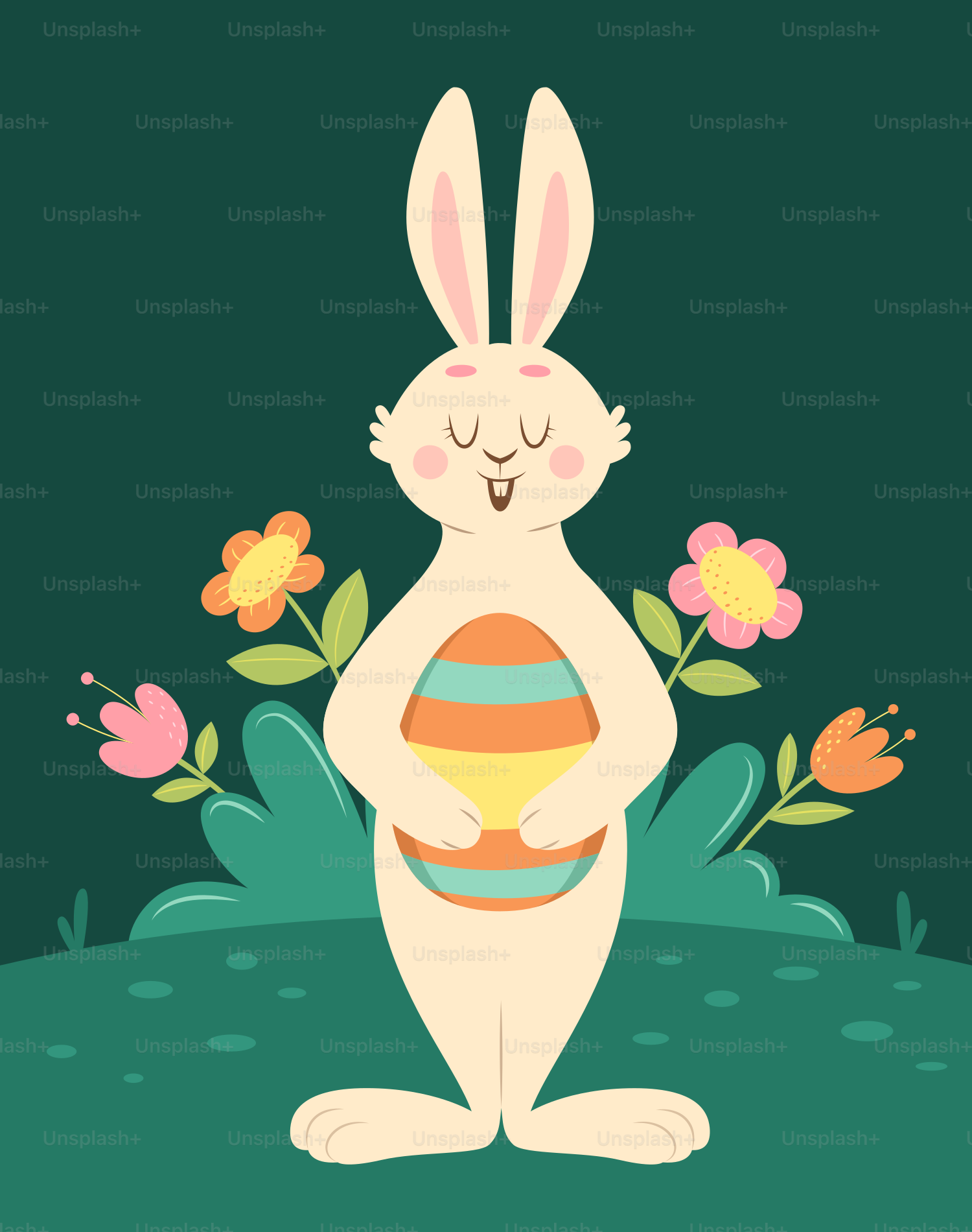 A rabbit holding an easter egg with flowers around it