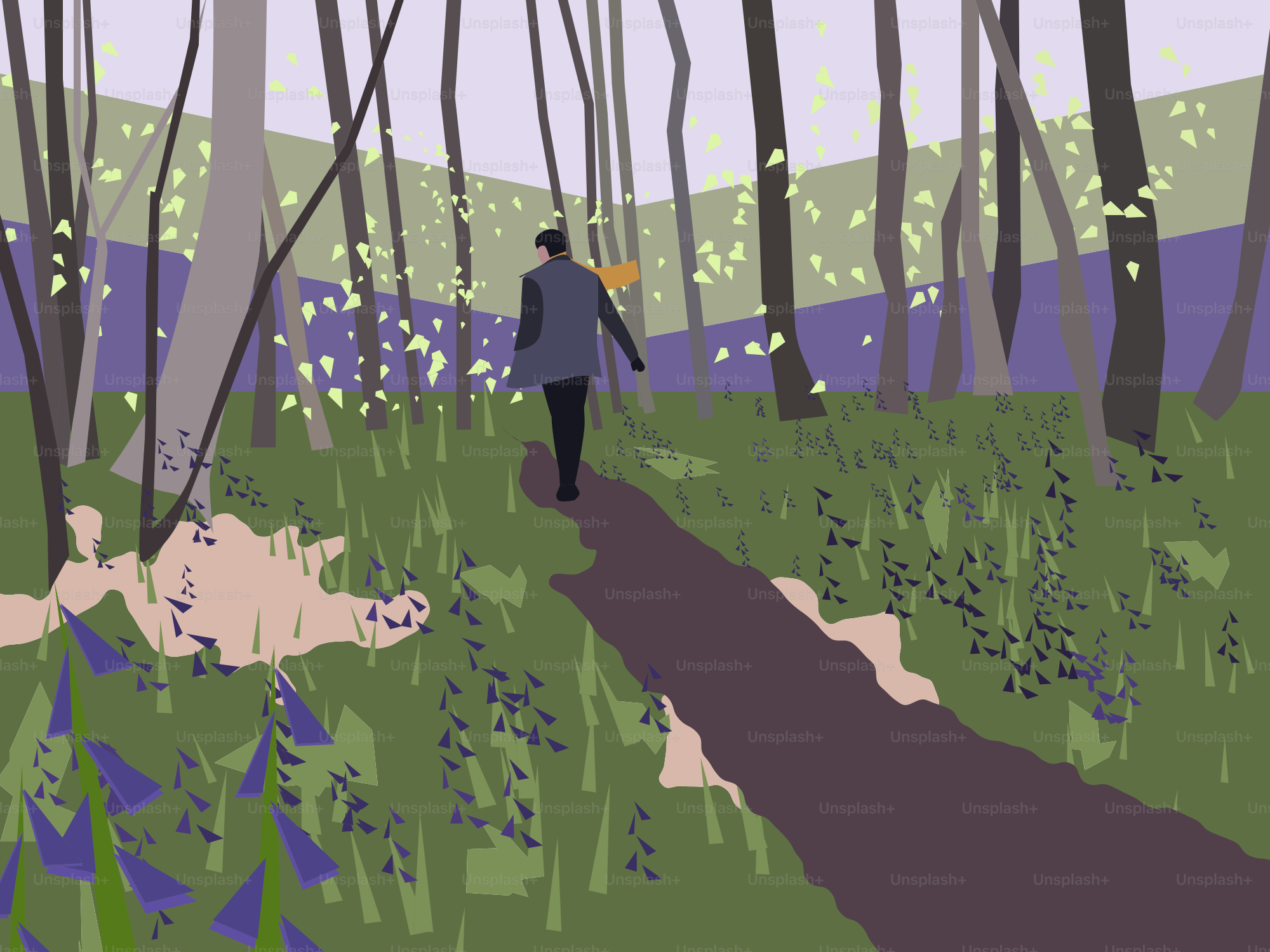 A man walking through a forest filled with trees